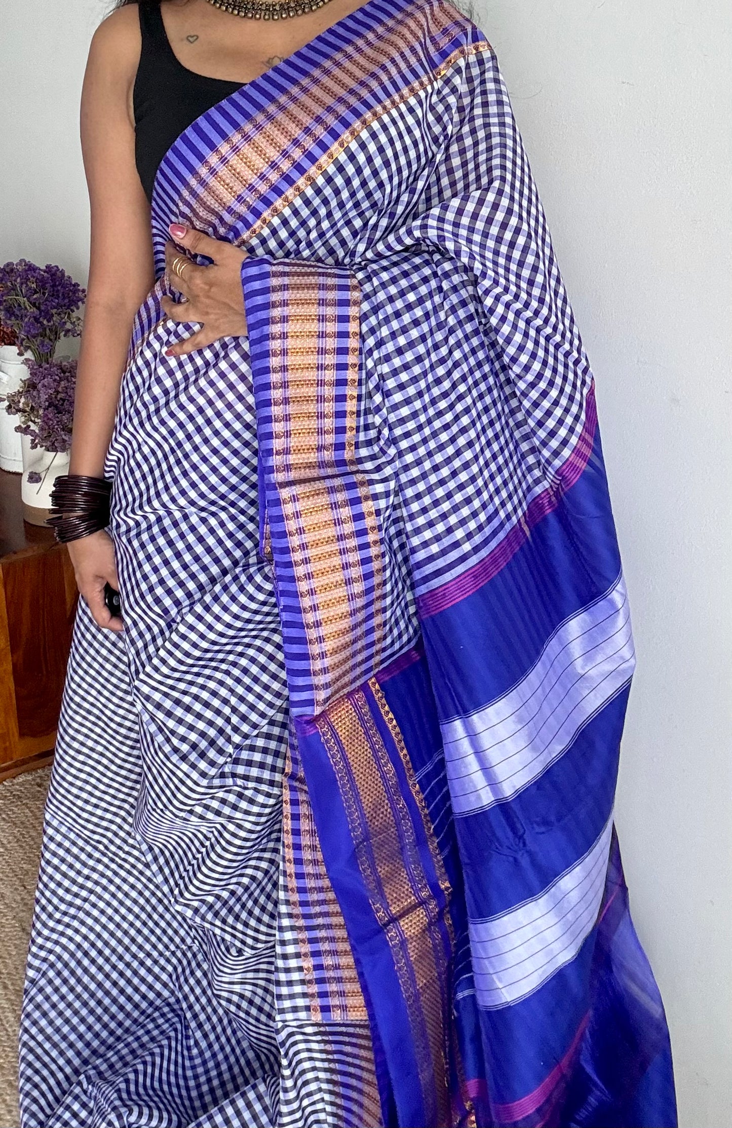 llkal blue and white checks with chikki paras border, soft cotton - YCLOKICAP228