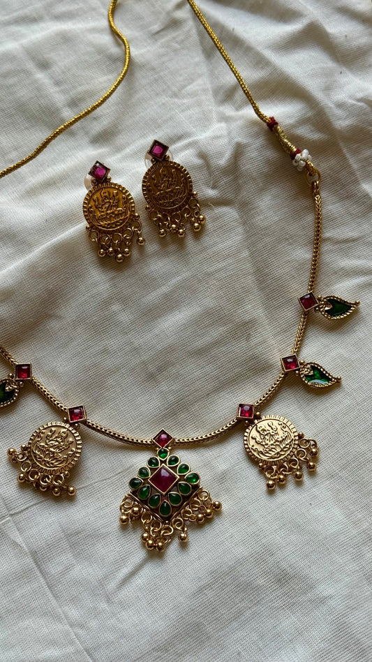 Antique gold multipendants, lakshm coin, ruby and green stones with earrings - YCGPNP456