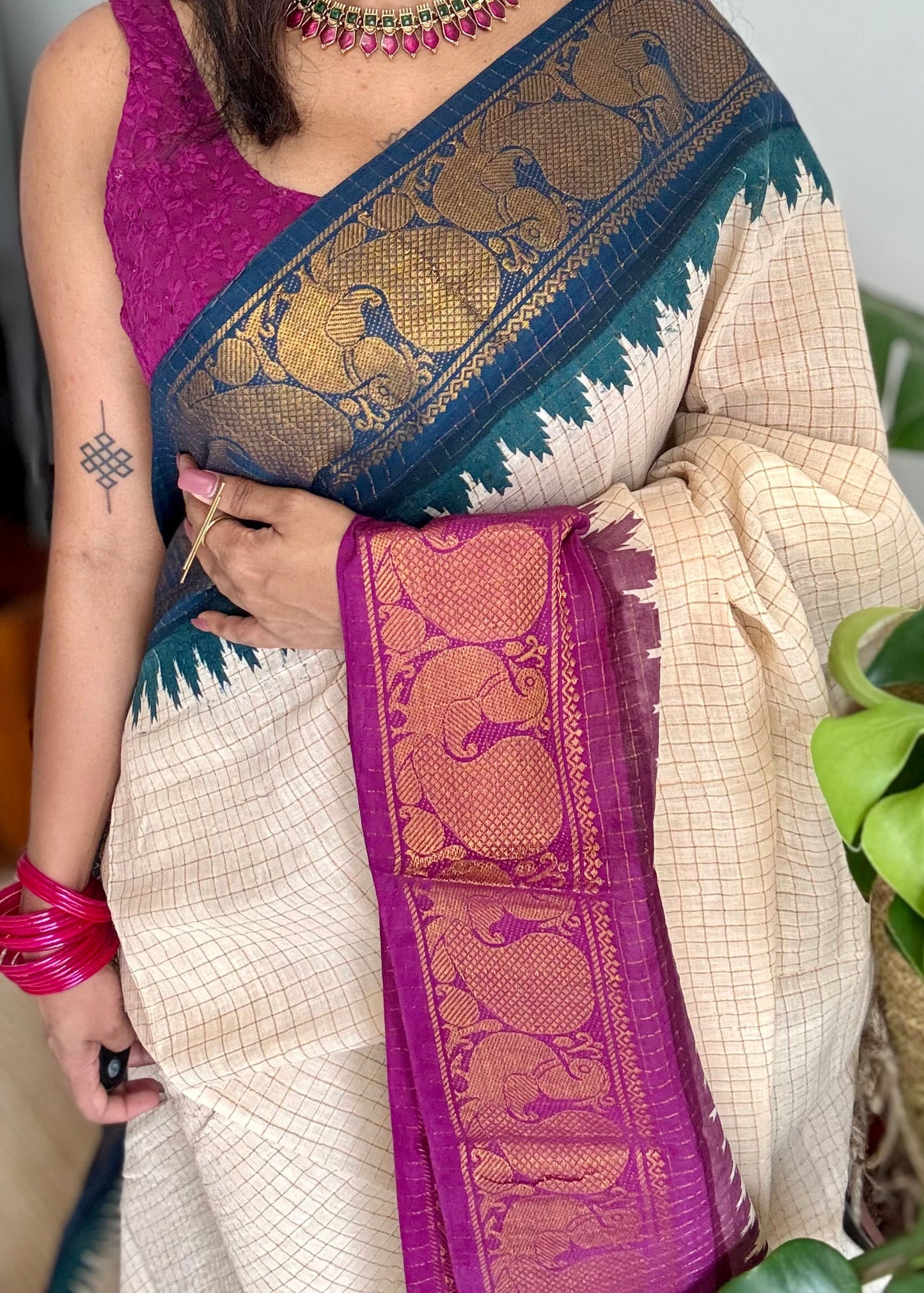 Sungudi cotton checks, ivory gold base, teal and magenta dual tone border, soft cotton - YCIEON100