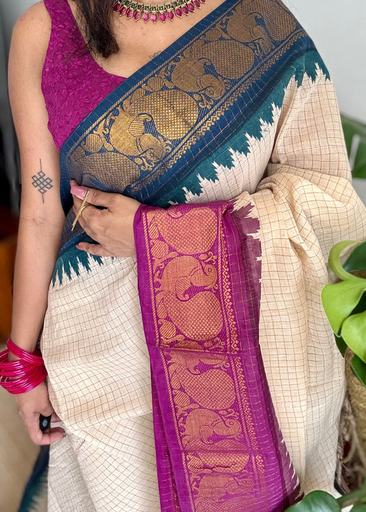 Sungudi cotton checks, ivory gold base, teal and magenta dual tone border, soft cotton - YCIEON100