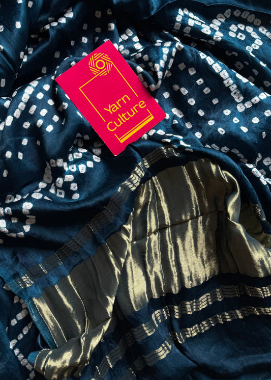 Peacock blue, crushed bandhani modal silk with lagdi patta (zari pallu) - YCDESE26