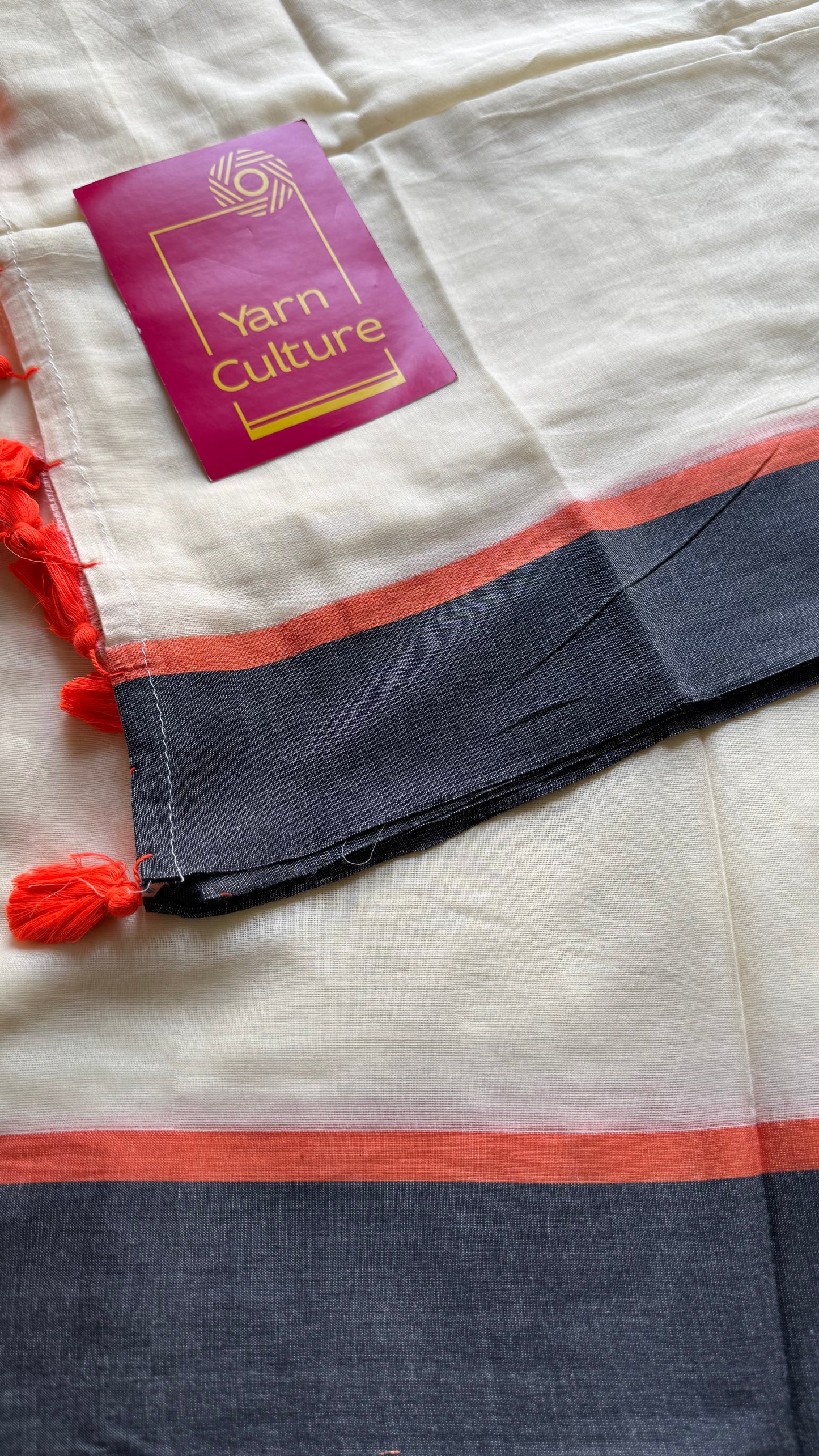 Ivory mul saree with black and orange border - YCBCMCFE293