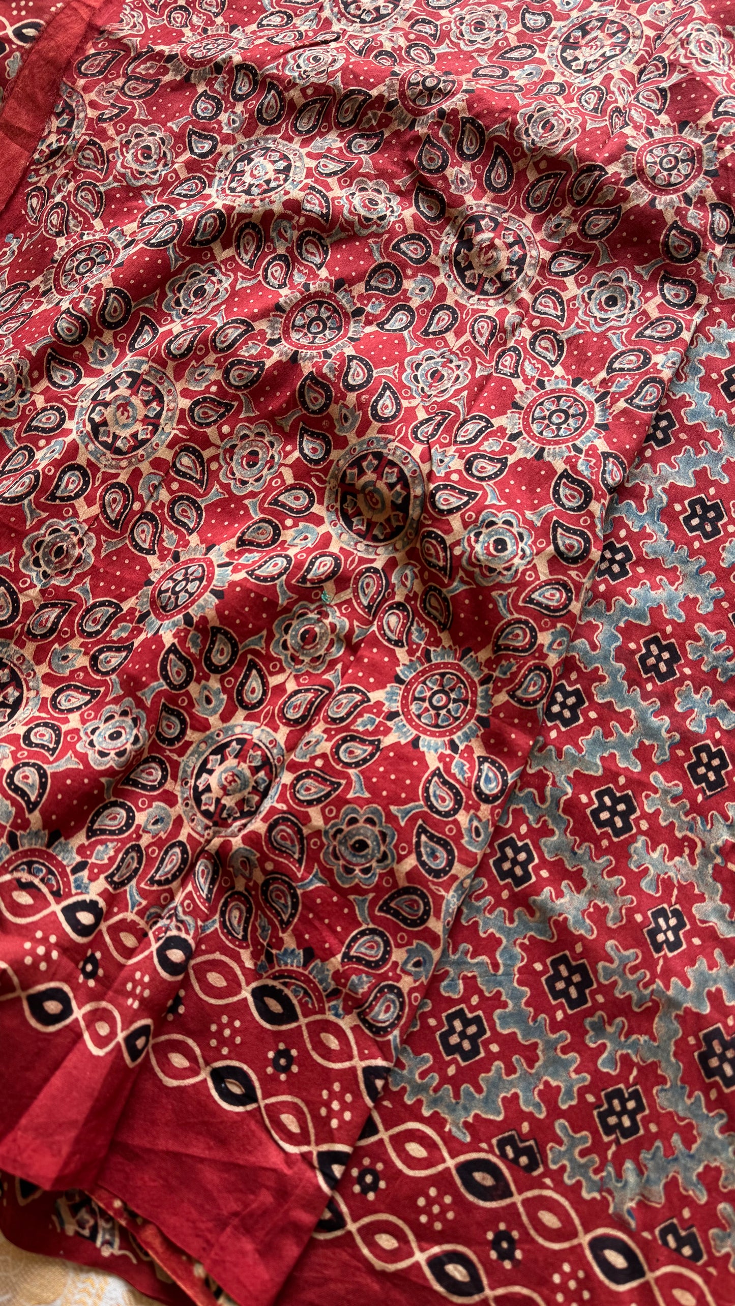 Black and red chanderi saree with ajrakh handblock print - YCTOKAJC343