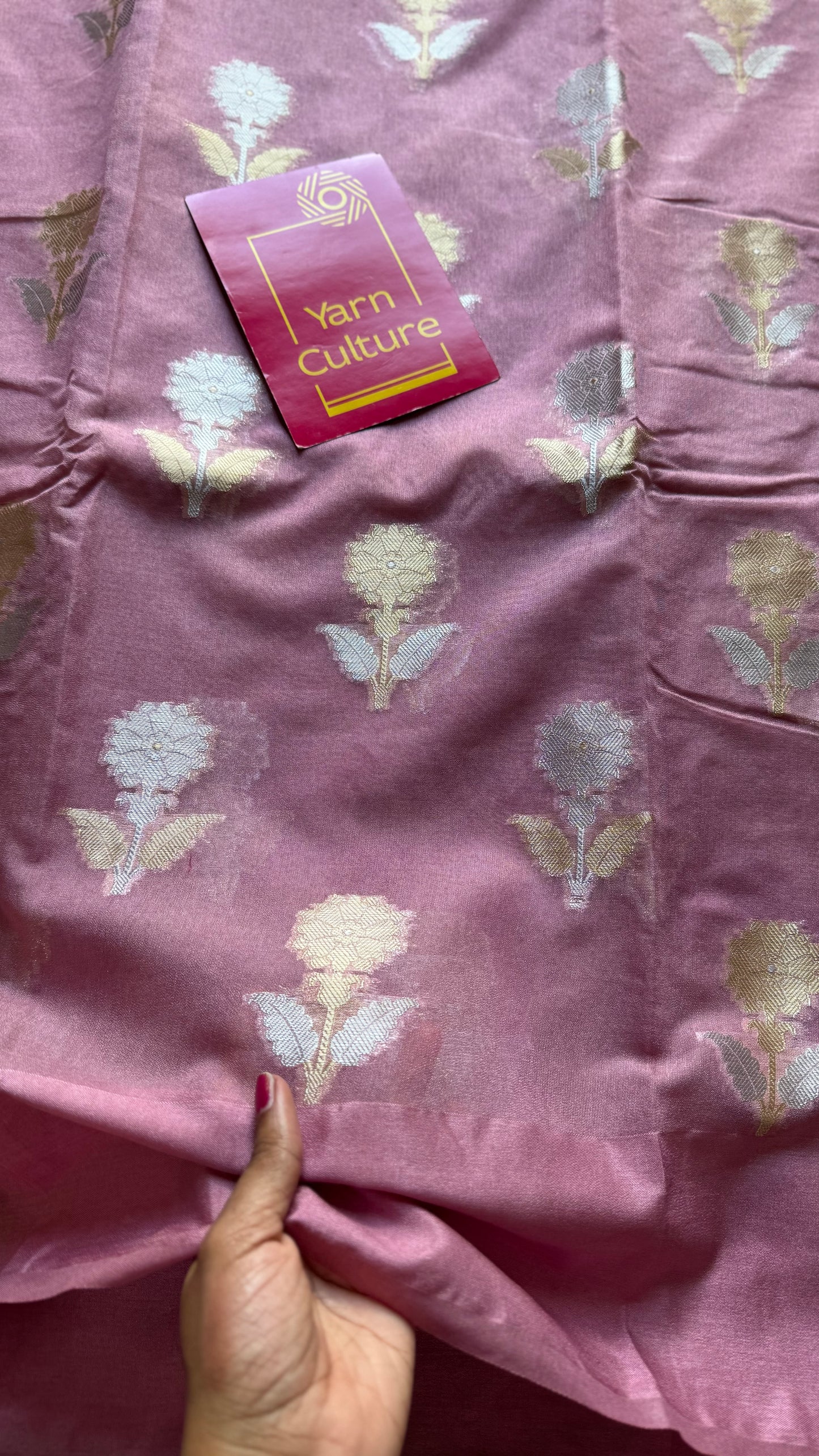Dusty pink with gold and silver floral buttas, Banarasi semi-crepe silk - YCDESE46