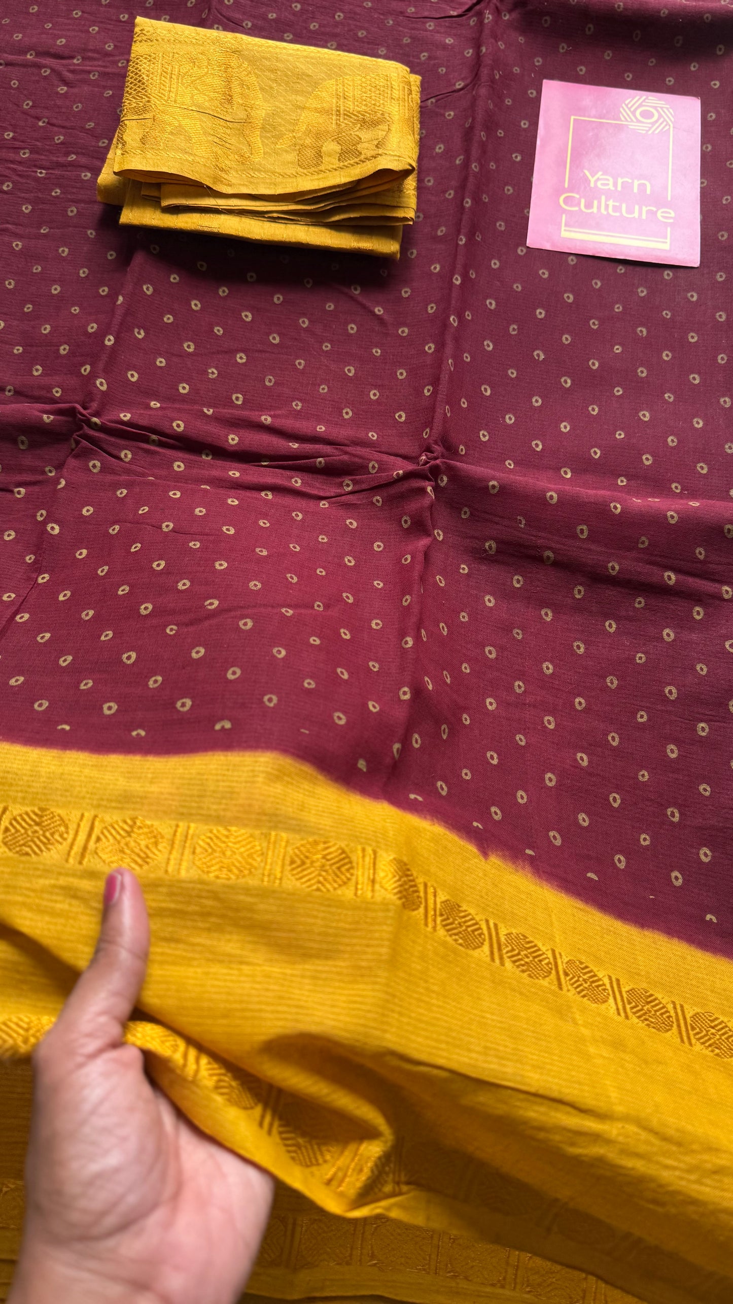 Maroon with yellow, sungudi motif and rudraksham border, madurai soft cotton - YCCOTNAUSC04