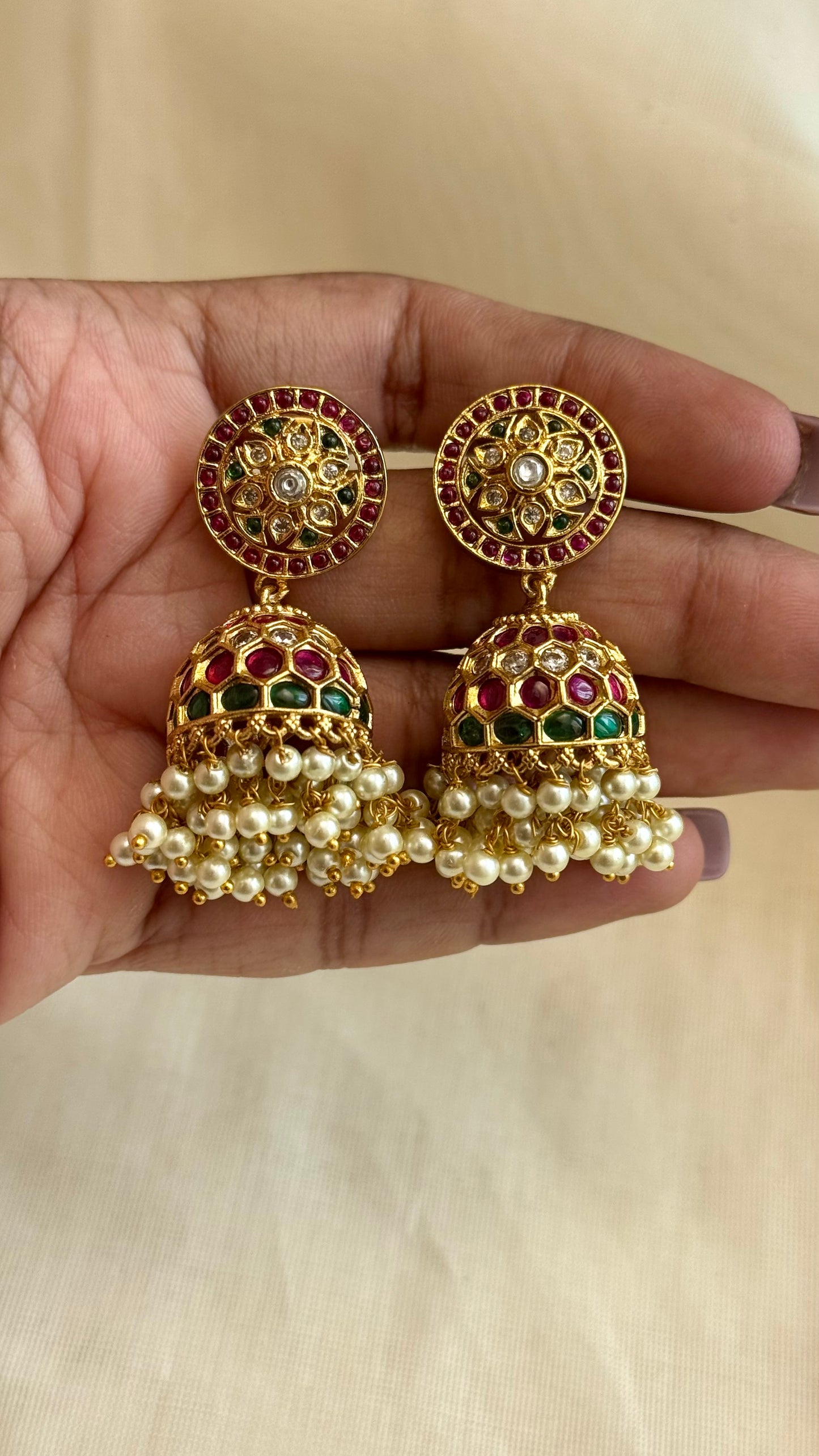 Ruby green pearl drops medium jhumka 2 - YCGPER831