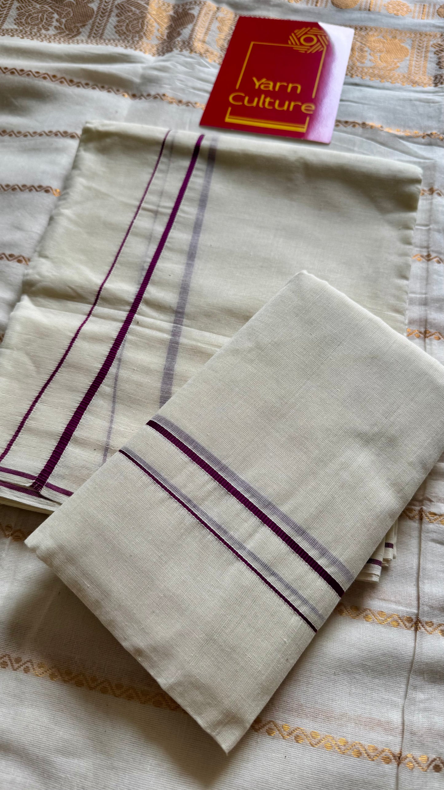 Set mund, kambikkara (thin border) with purple pink (vadamalli) coloured lines - YCIEON138