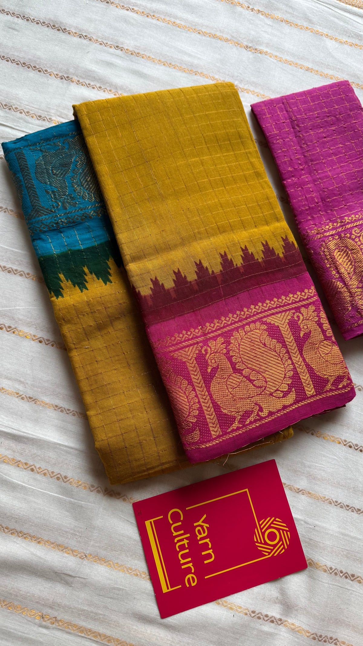 Sungudi cotton checks, mustard yellow base, blue and hot pink dual tone border, soft cotton - YCCOTNMSSE10