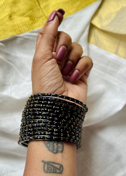 Black raindrop glass bangles, set of 12 - YCBANGL847