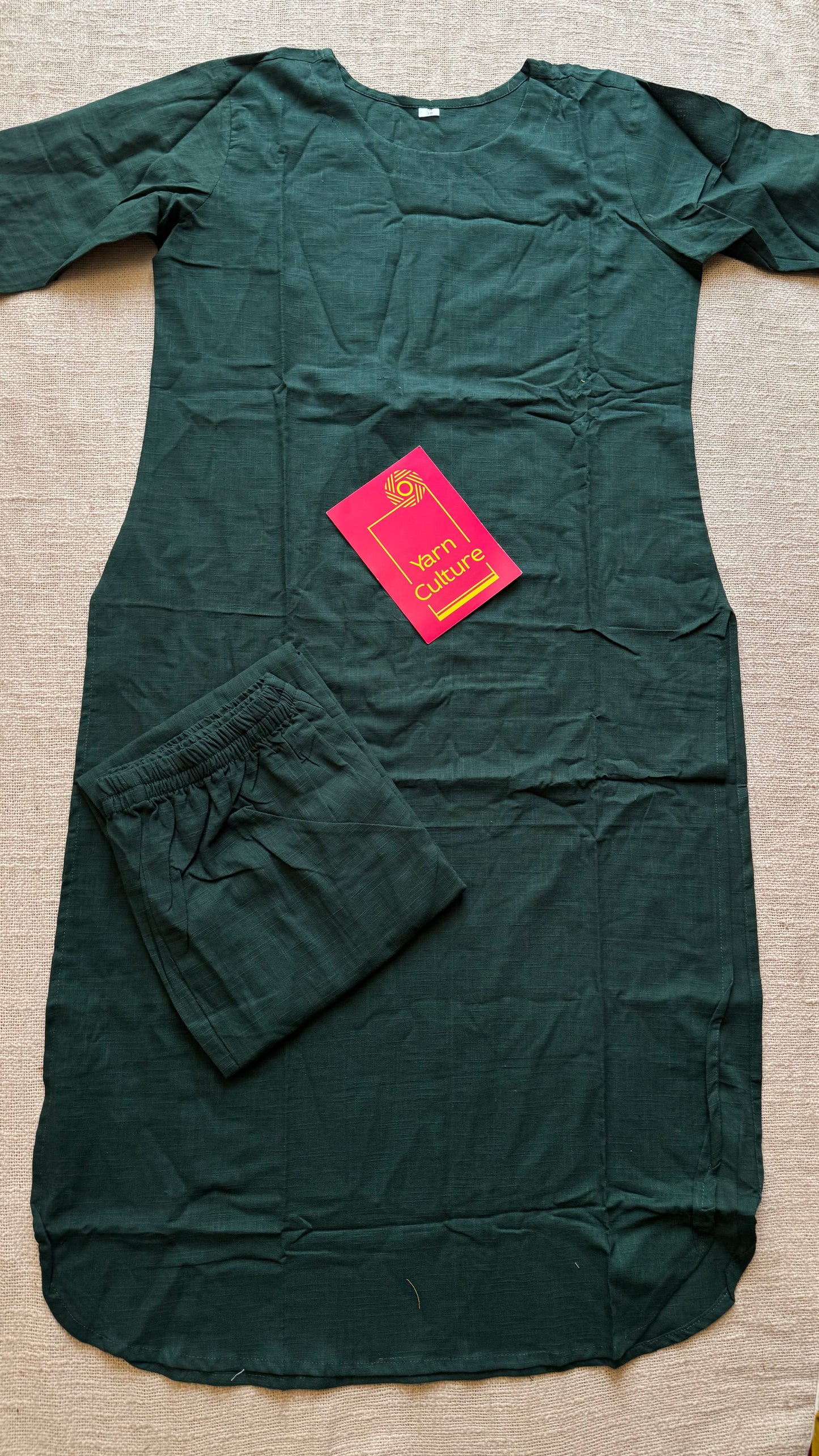 Dark green cotton round-neck stitched kurta co-ord set, three-fourth sleeves - YCSEBPSFE248