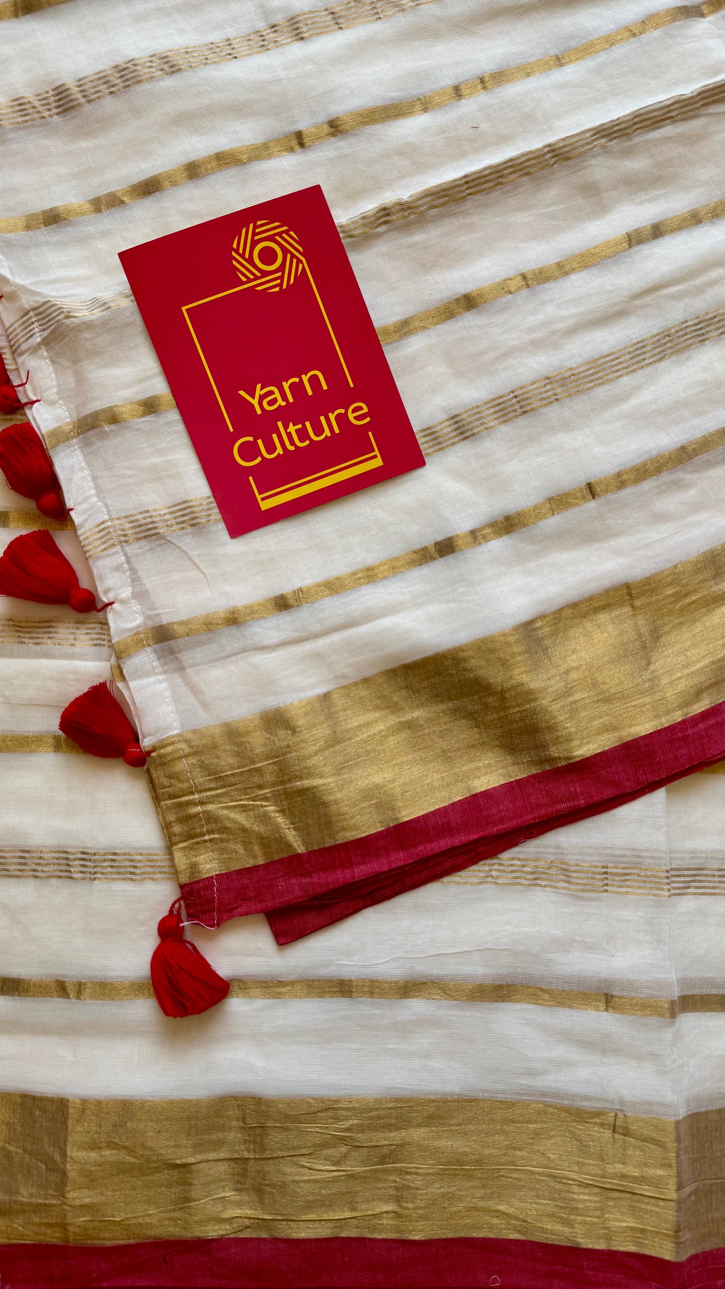 Ivory mul saree, gold stripes with red border - YCIEON04