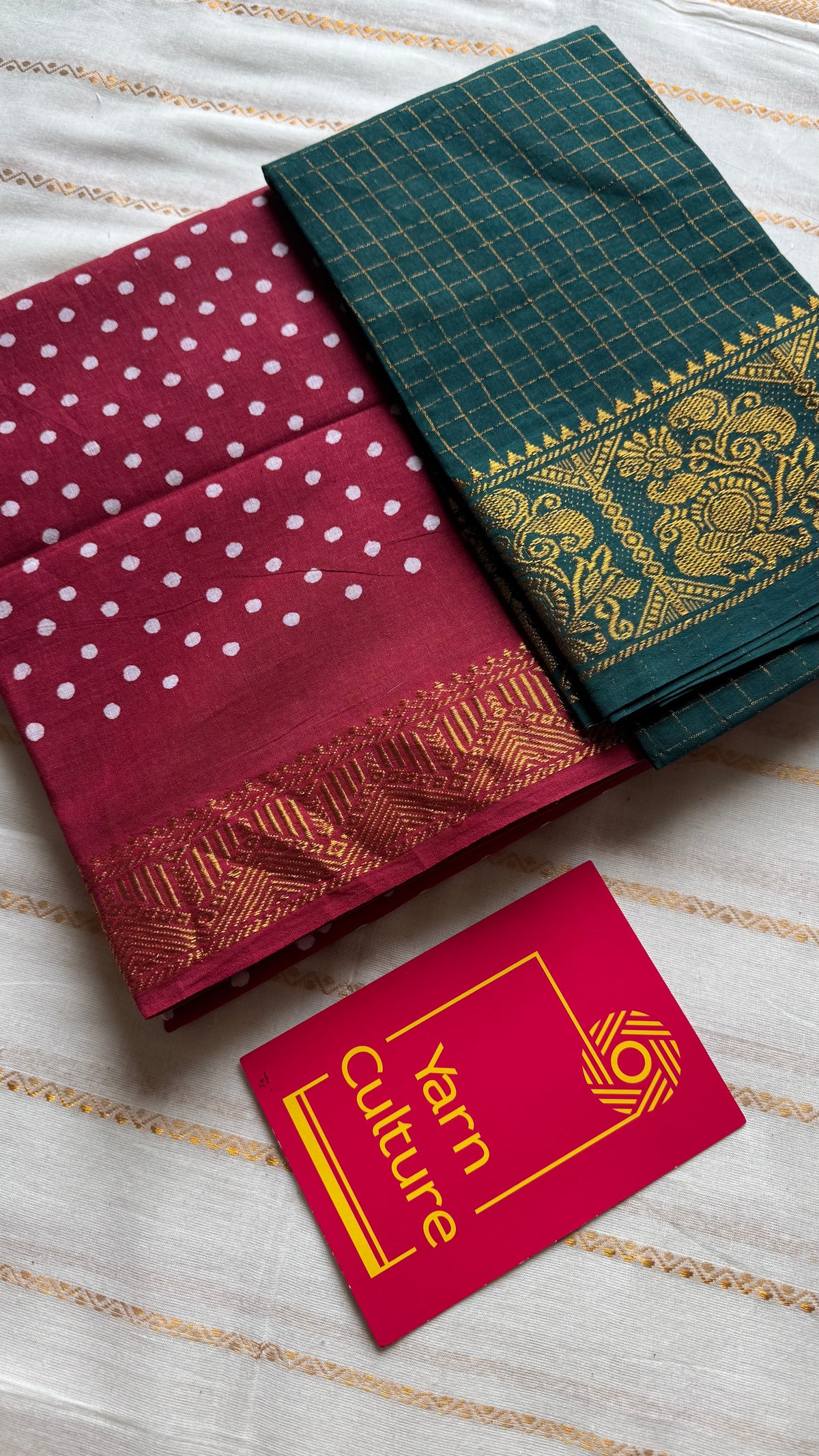 Red sungudi dotted, single-side border, kattuchayam dyed madurai cotton saree - YCCOTNMSSE05