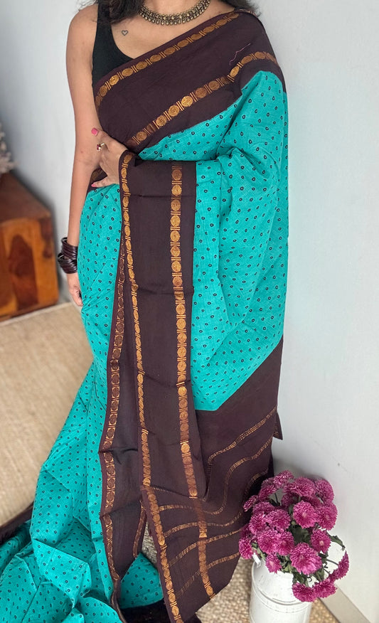 Turquoise with brown, sungudi motif and rudraksham border, madurai soft cotton - YCCOTNAUSC05