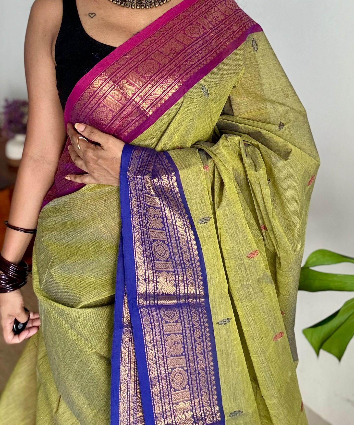 Green with magenta pink and royal blue contrast, kanchi cotton saree - YCCOTNMA326