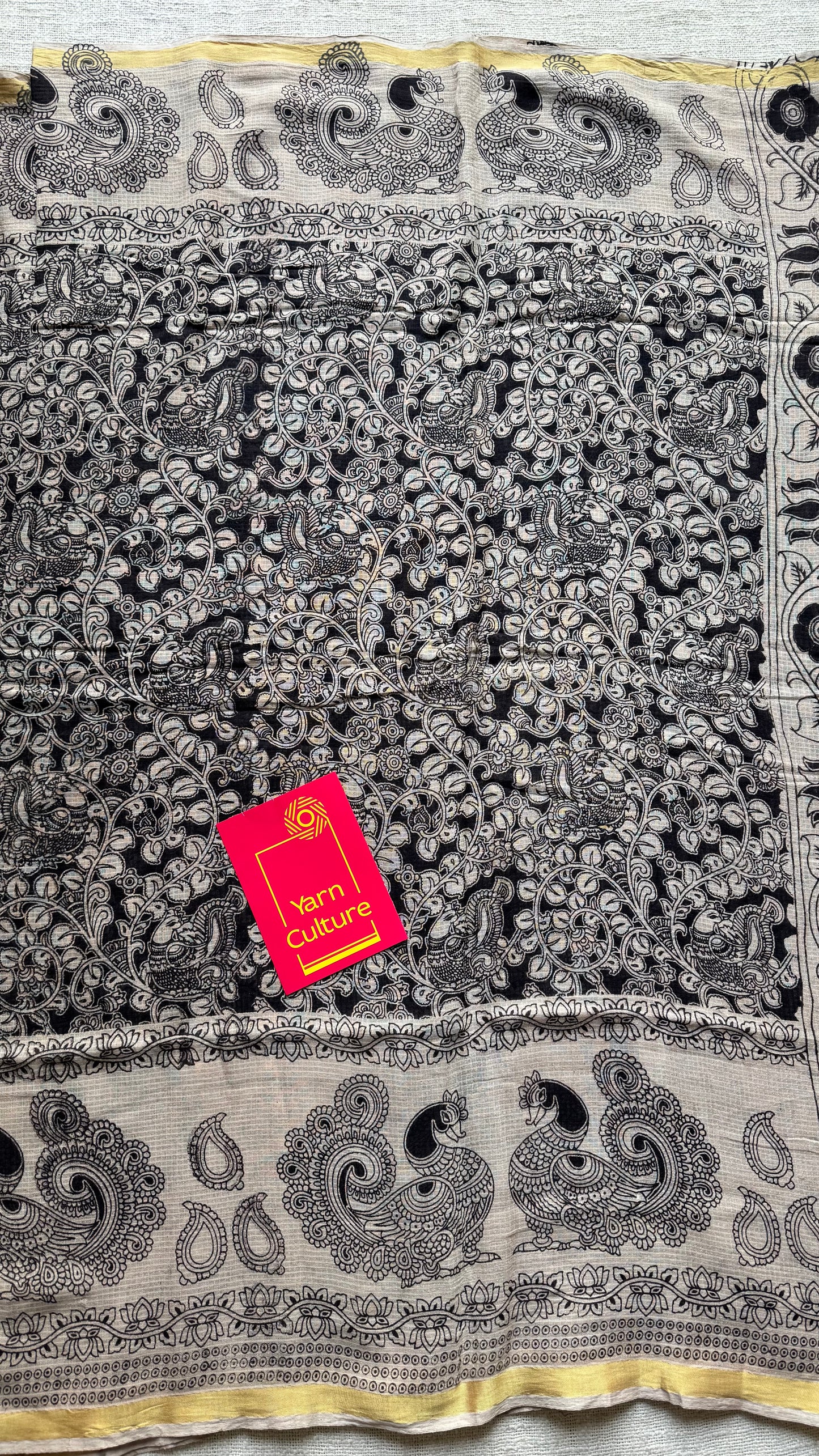 Black cream floral kalamkari saree in kota, with zari border - YCWOTDKKFE19