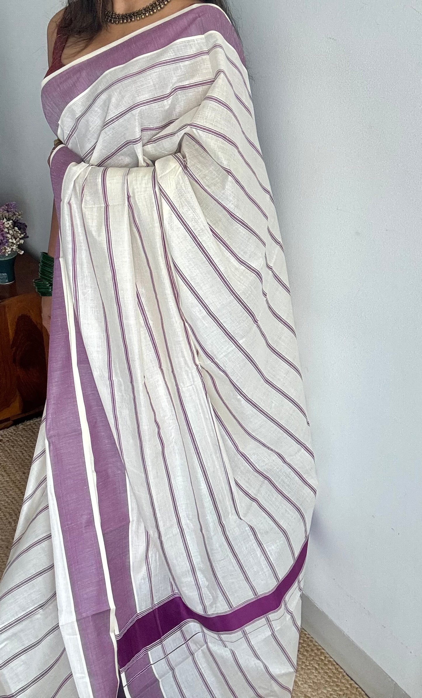 Ivory Kerala cotton saree with purple pink (vadamalli) stripes and border - YCIEKCFE322