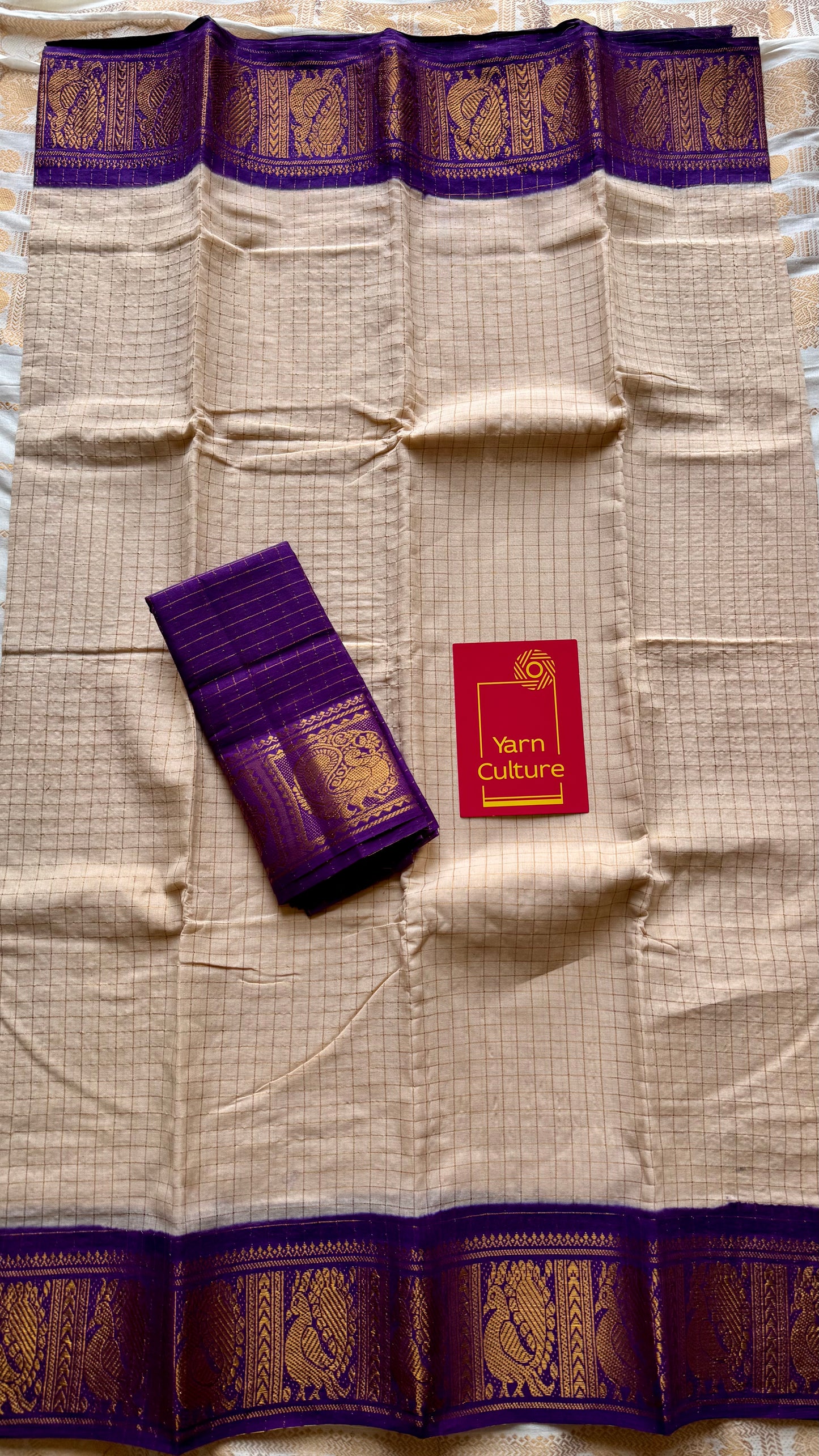 Ivory with purple contrast zari checkered sungudi, kattuchayam dyed madurai cotton - YCIEON95