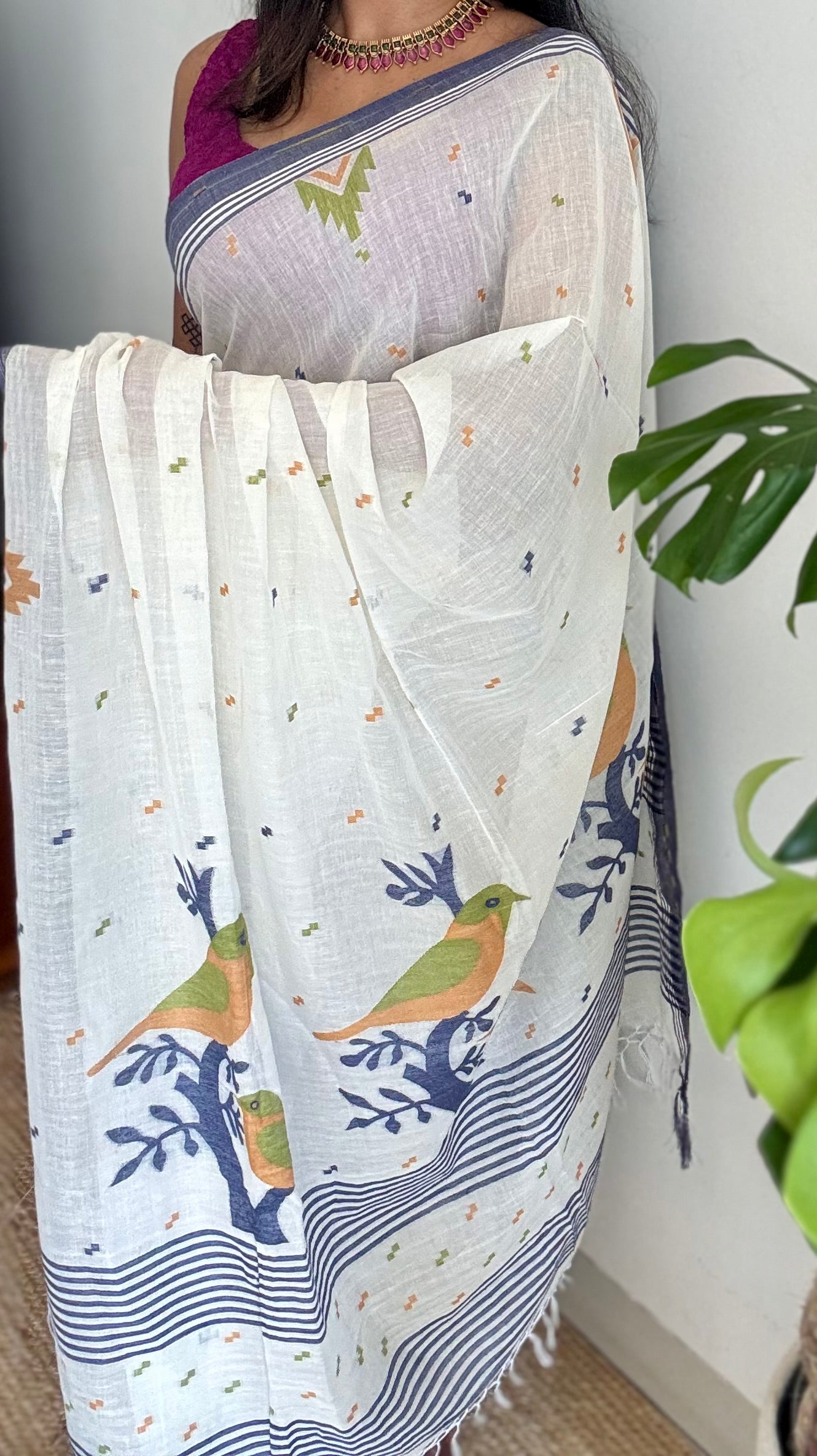 Ivory soft cotton saree, jamdani bird work - YCIEON38