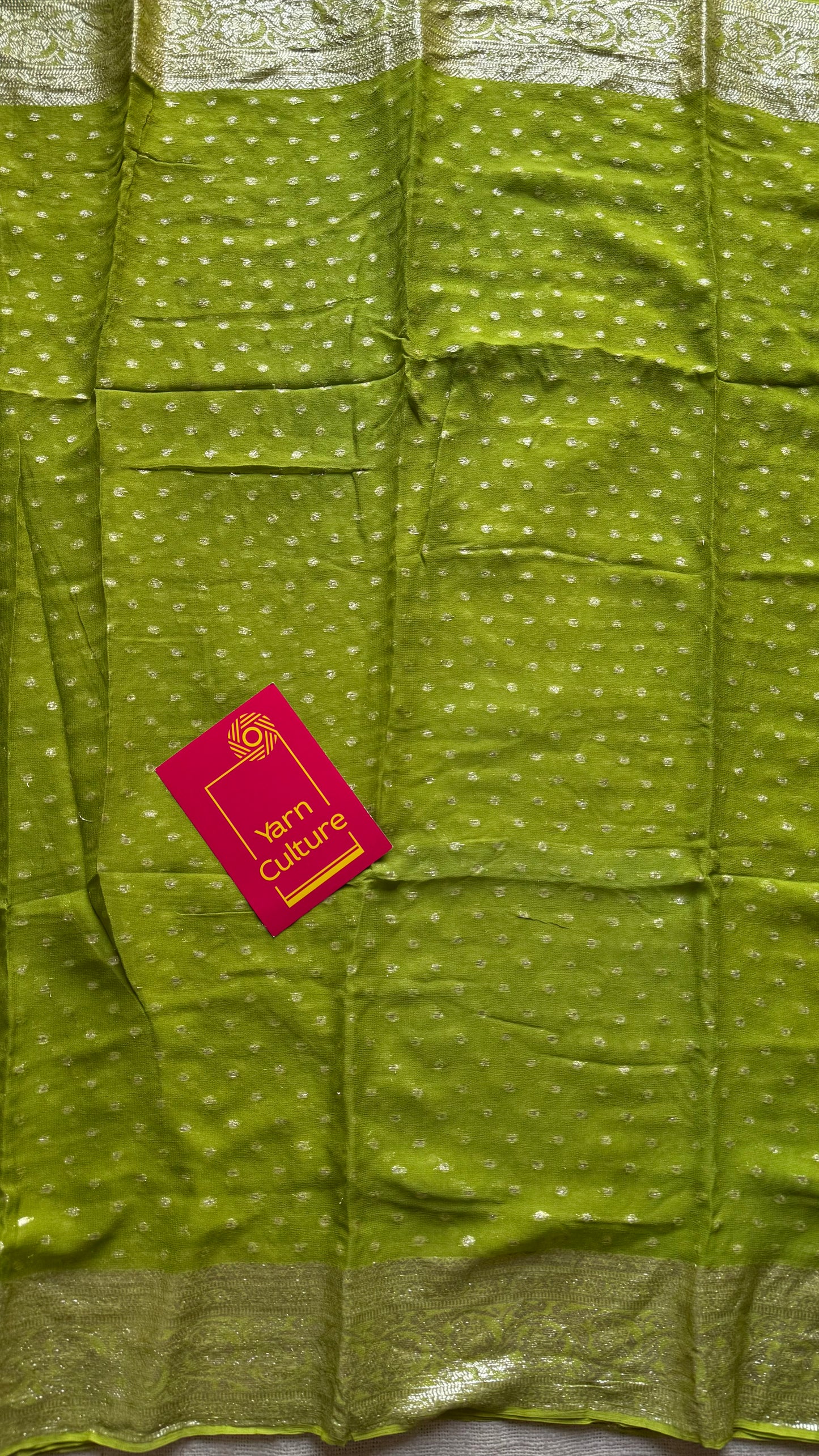 Lime green viscose georgette saree with zari motifs - YCDOSFE204