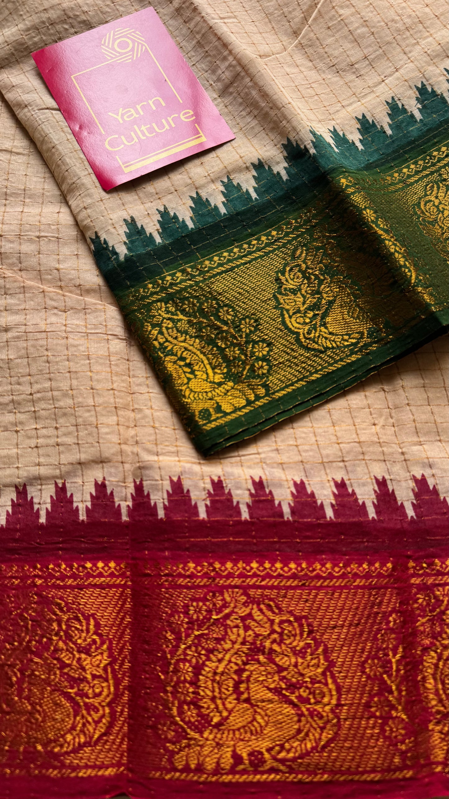 Sungudi checks, sandal base, green and deep red border, soft cotton - YCIEON93