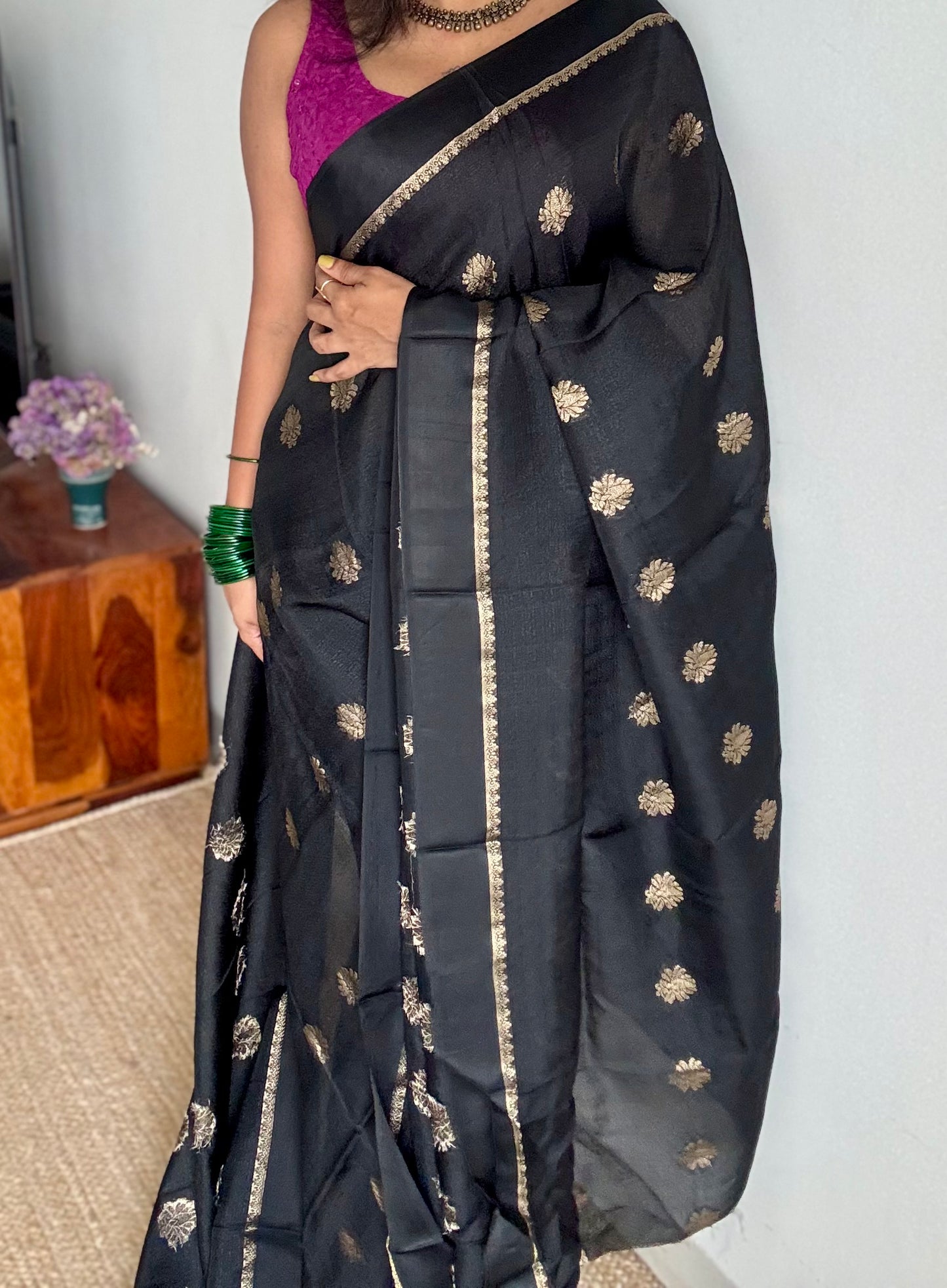 Black in viscose soft silk with satin border, jacquard zari motifs - YCDOSFE201