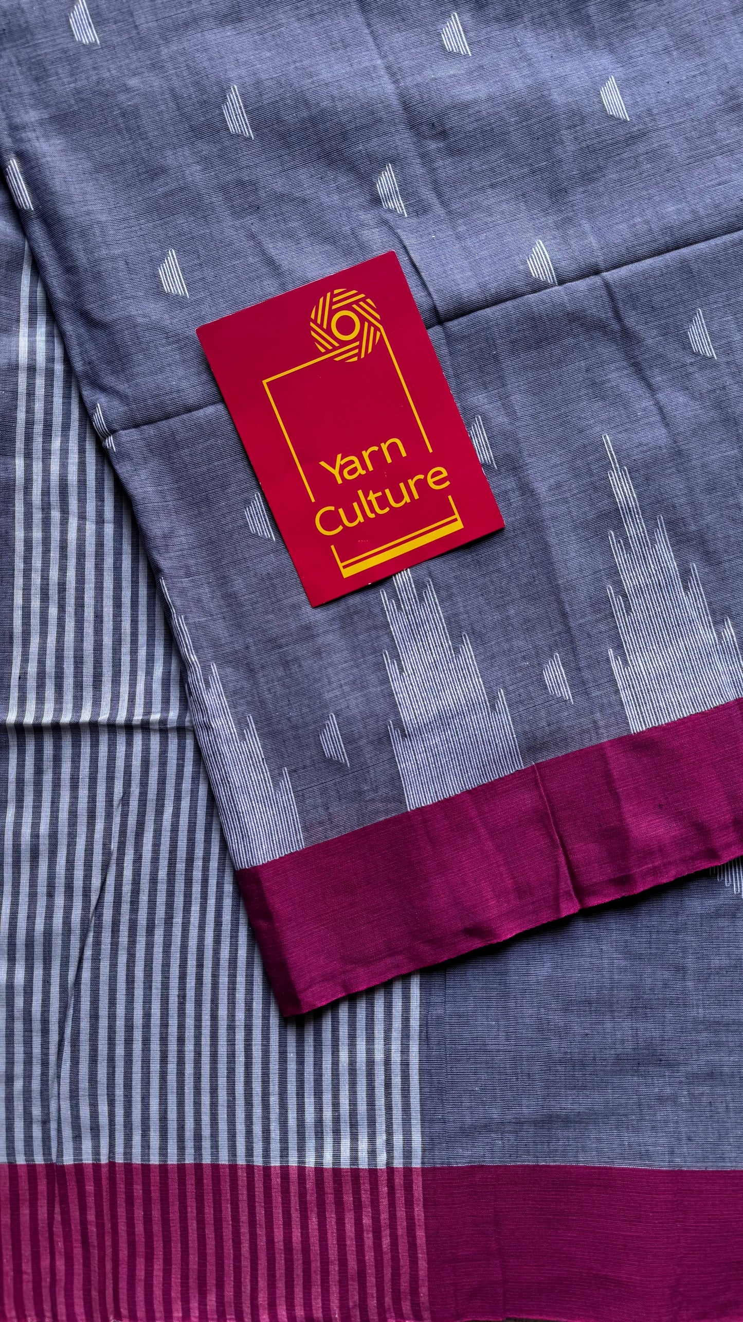 Cool grey with purple pink borders, temple motif woven threadwork, soft cotton - YCBCMKCDE30