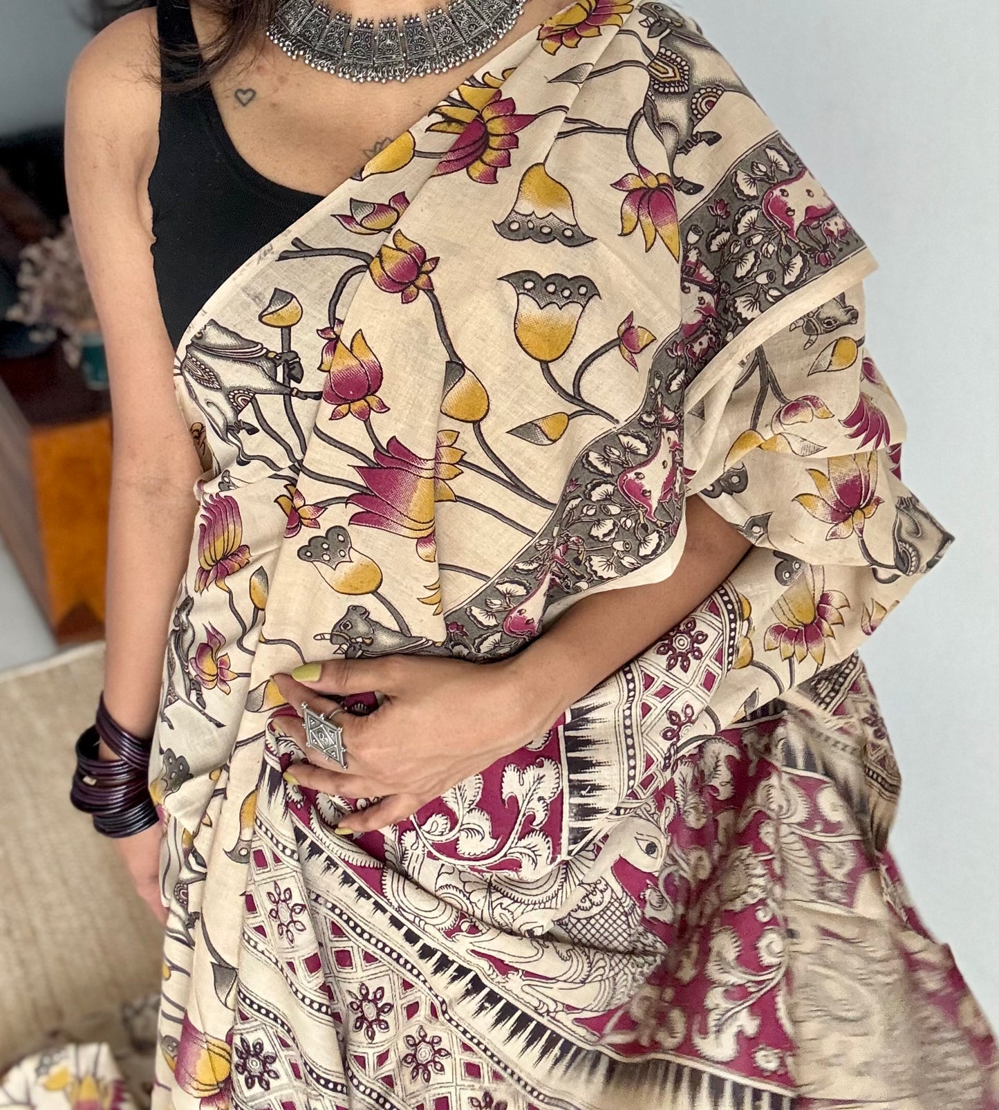 Beige with dark pink and yellow pichwai motif kalamkari, soft cotton - YCWOTDOCMP88