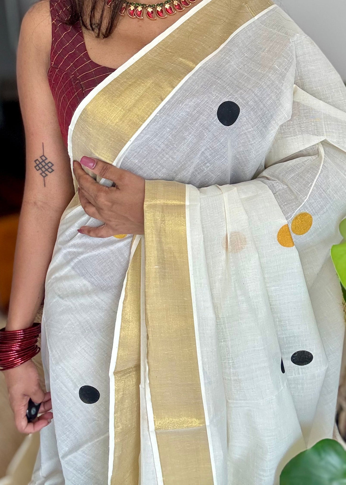 Ivory and gold soft cotton kasavu saree, black and yellow polka - YCIEON72