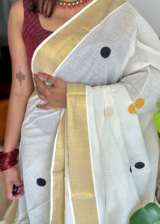Ivory and gold soft cotton kasavu saree, black and yellow polka - YCIEON72