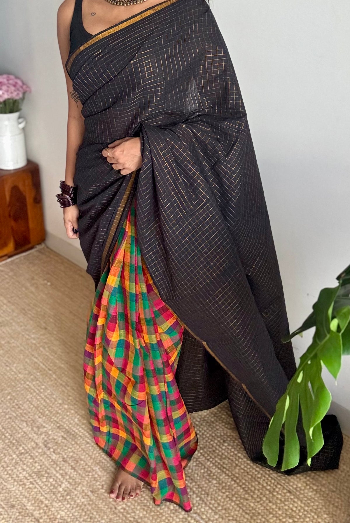 Black with multicoloured mini madras checks, cotton half and half saree - YCCOTNIDOC168