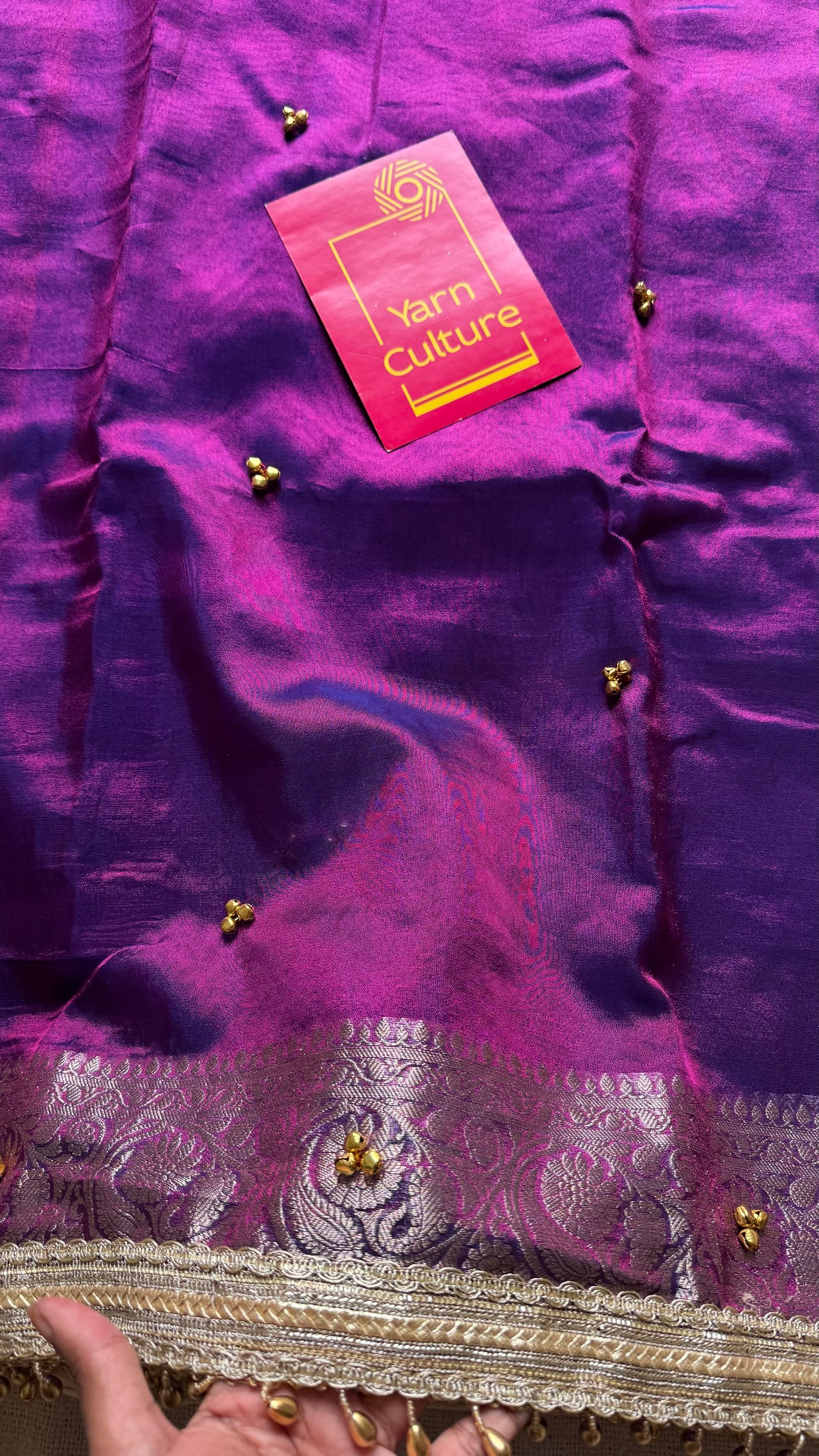 Purple gold tissue Banarasi saree with ghungroo embellishments and beaded lace border - YCBLTOC67