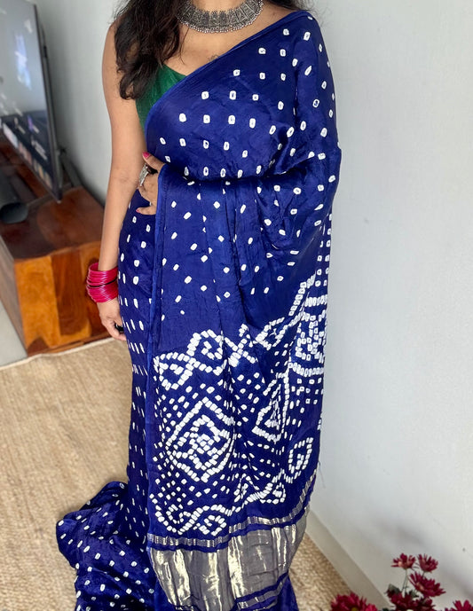 Royal blue crushed bandhani modal silk with lagdi patta (zari pallu) - YCDESE27