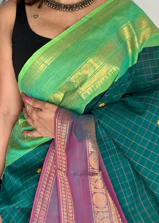 Kanchi cotton saree, green checks with wine and bright green dual toned border - YCCOTNAP76