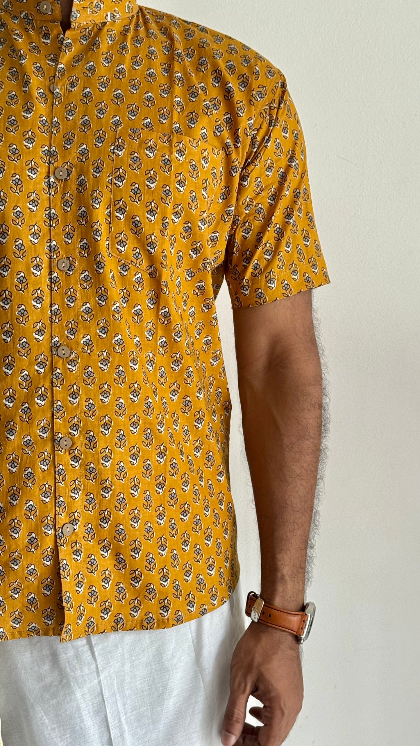 Turmeric Yellow Floral Motif Block Printed Cotton Men's Half Sleeve Mandarin Collar Kurta Shirt - YCMSEIE193