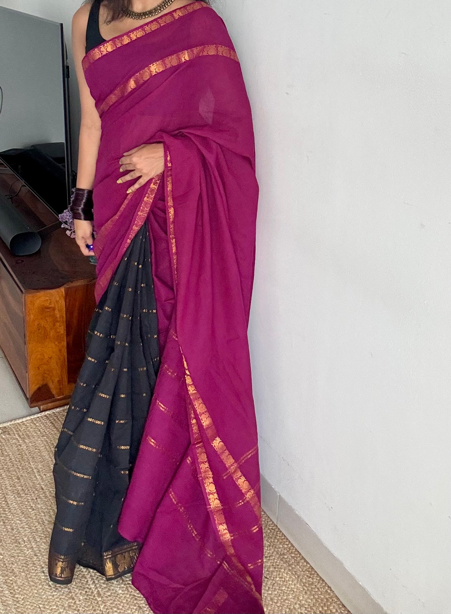 Purple pink (vadamalli) with black, sungudi cotton half-half saree - YCCOTNMSFE359