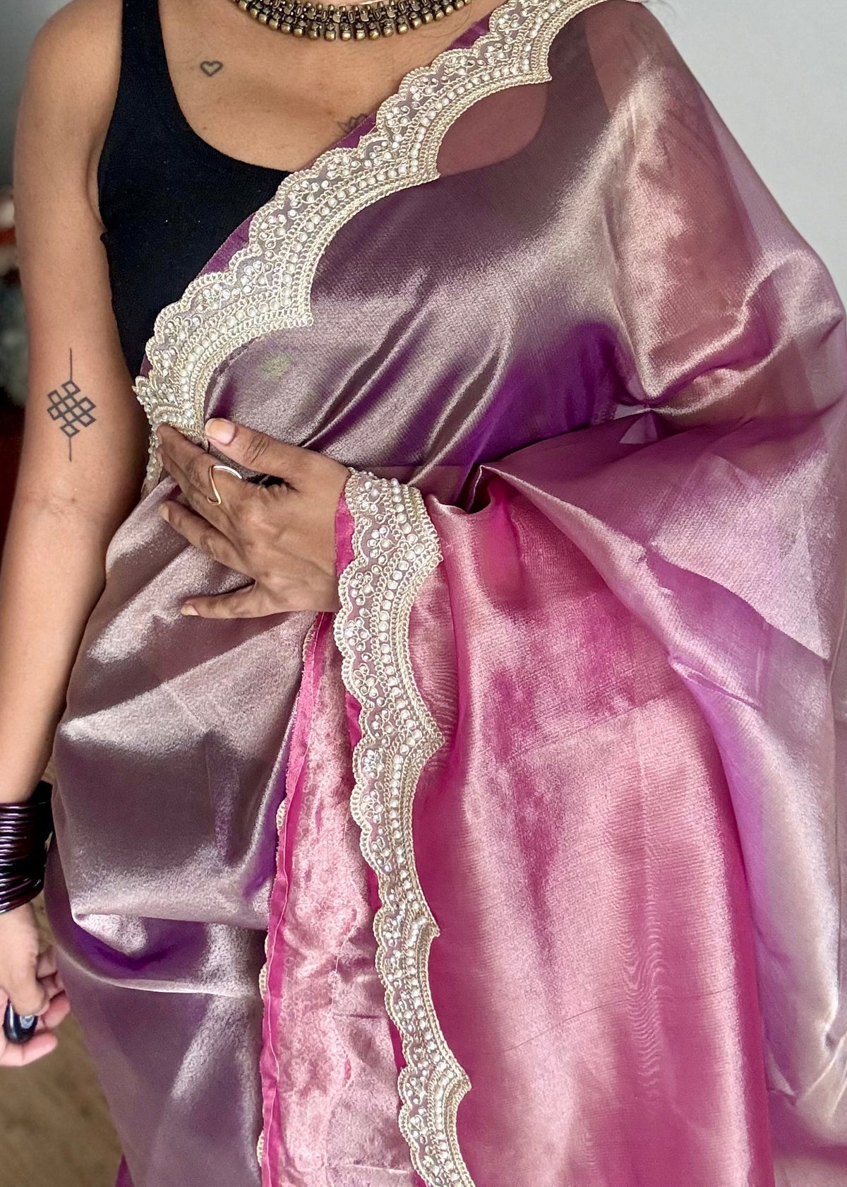 Pink and purple tissue Banarasi saree with embellished pearl lace border - YCBLTOC74