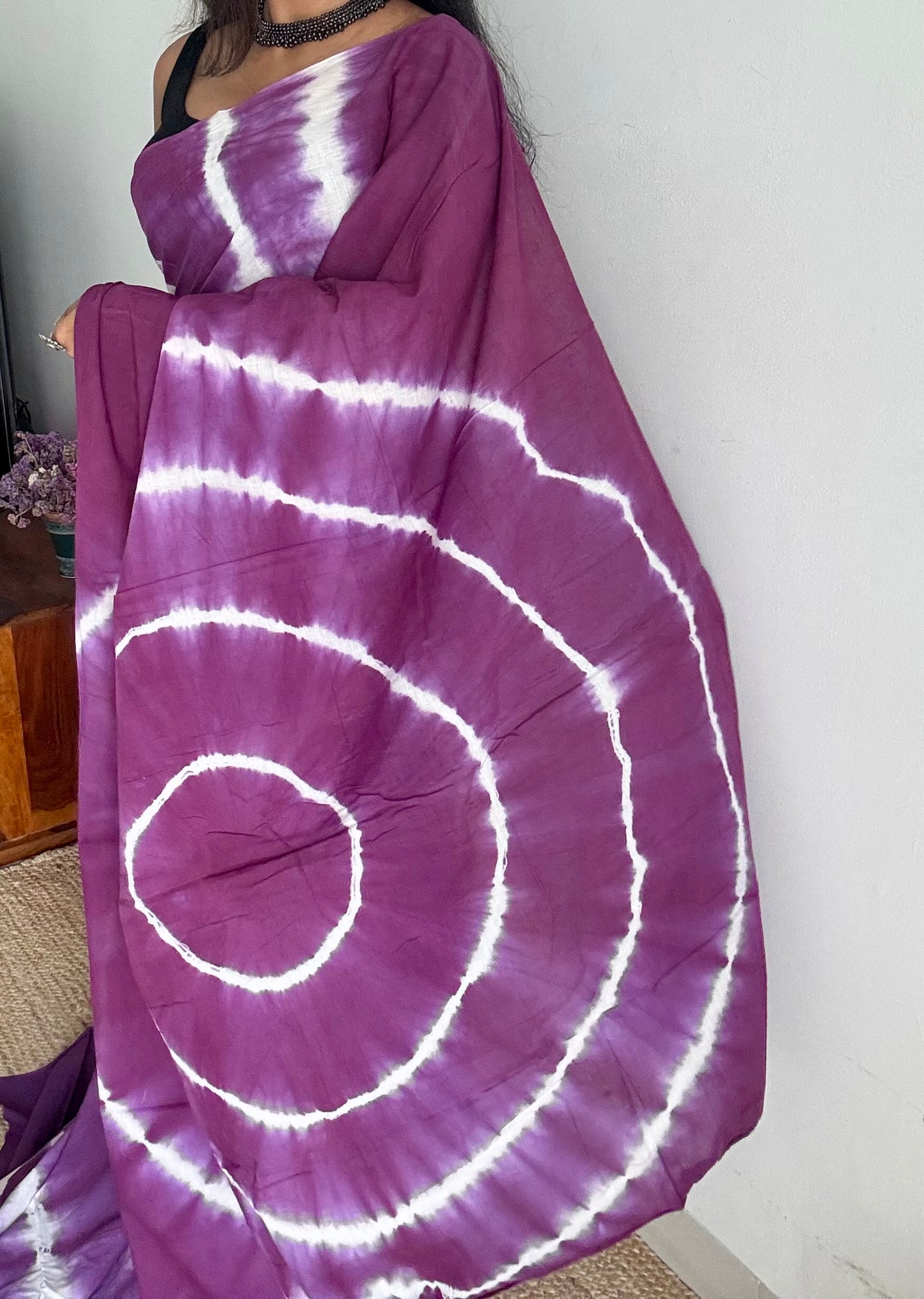 Purple with white tie and dye pattern, soft cotton saree - YCTORCMA04