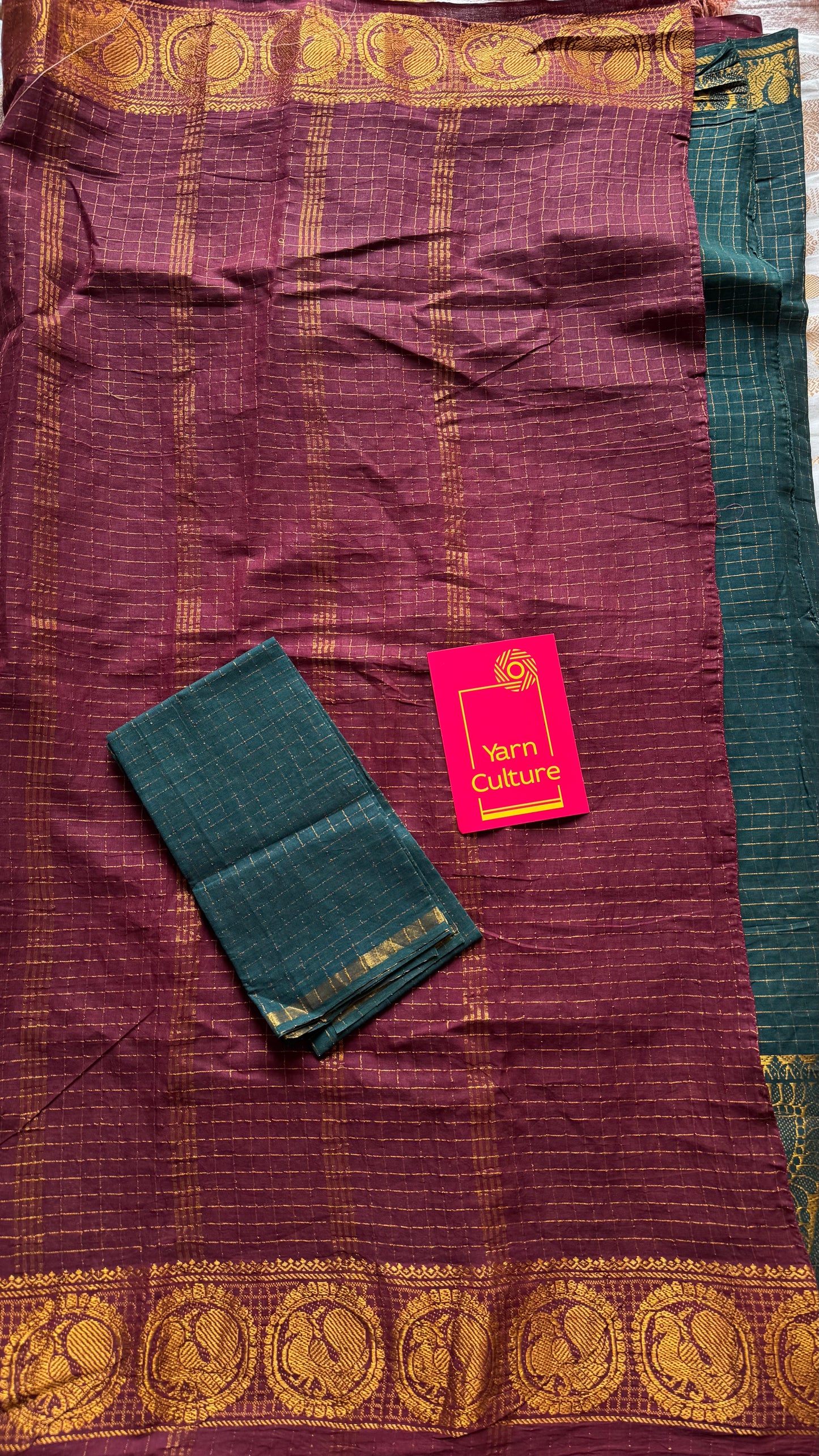 Maroon and bottle green, sungudi cotton half-half saree - YCCOTNIDMA306