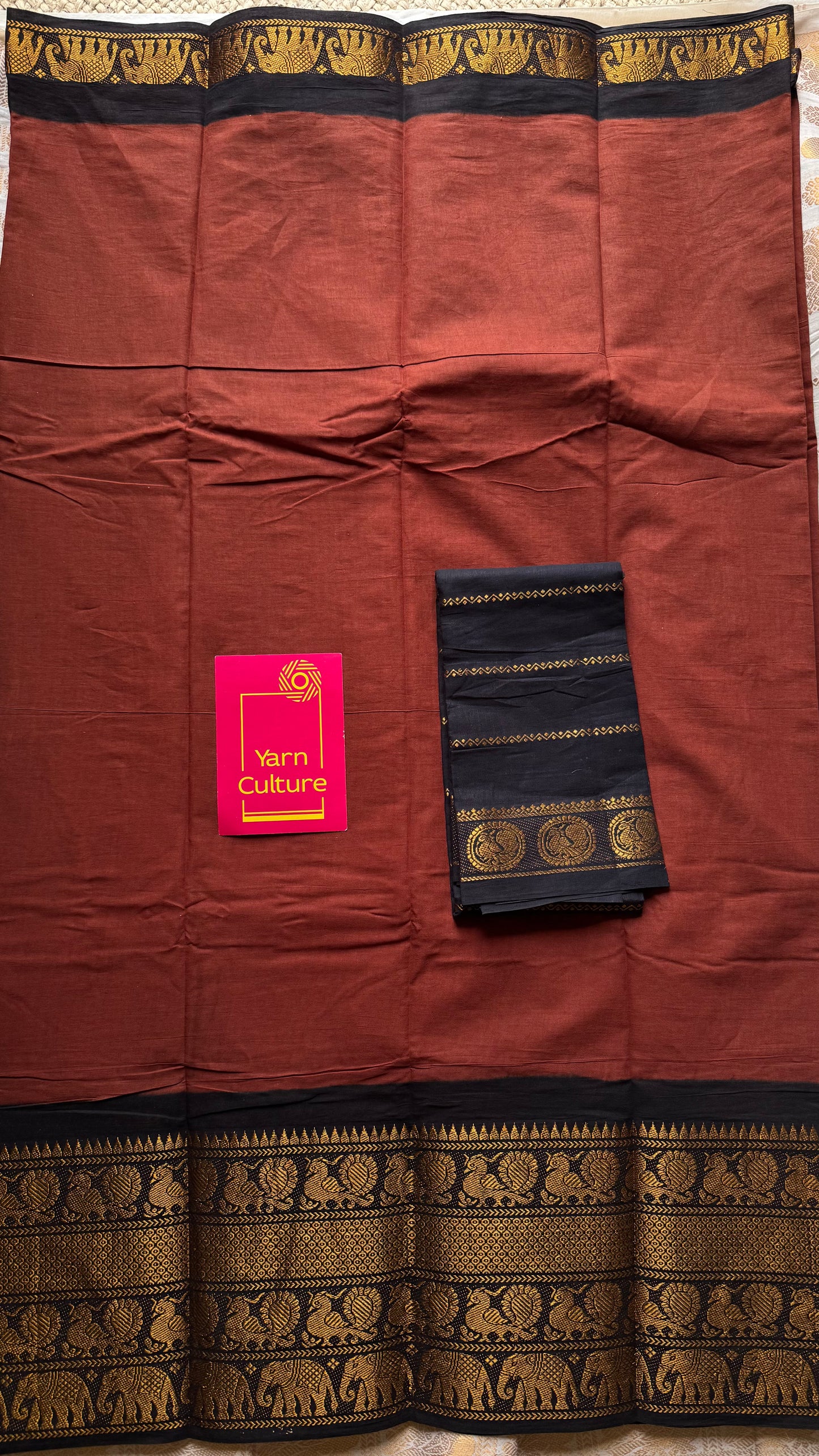 Brown long border sungudi with black contrast, kattuchayam dyed madurai cotton - YCCOTNMSAP129