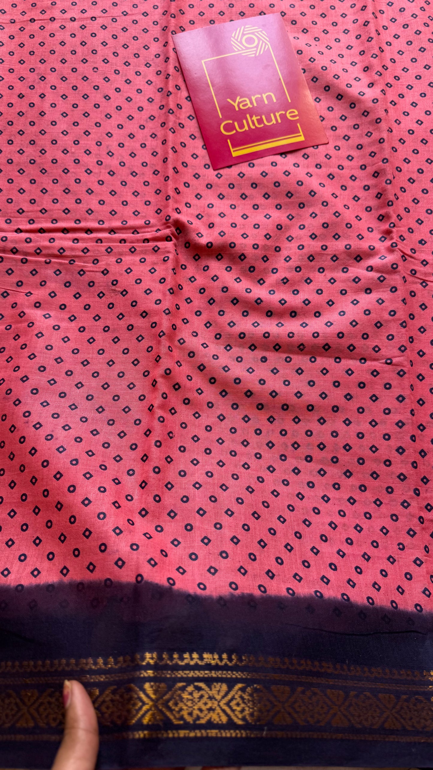 Peach pink with navy blue contrast, kattuchayam dyed madurai cotton saree - YCCOTNMA250