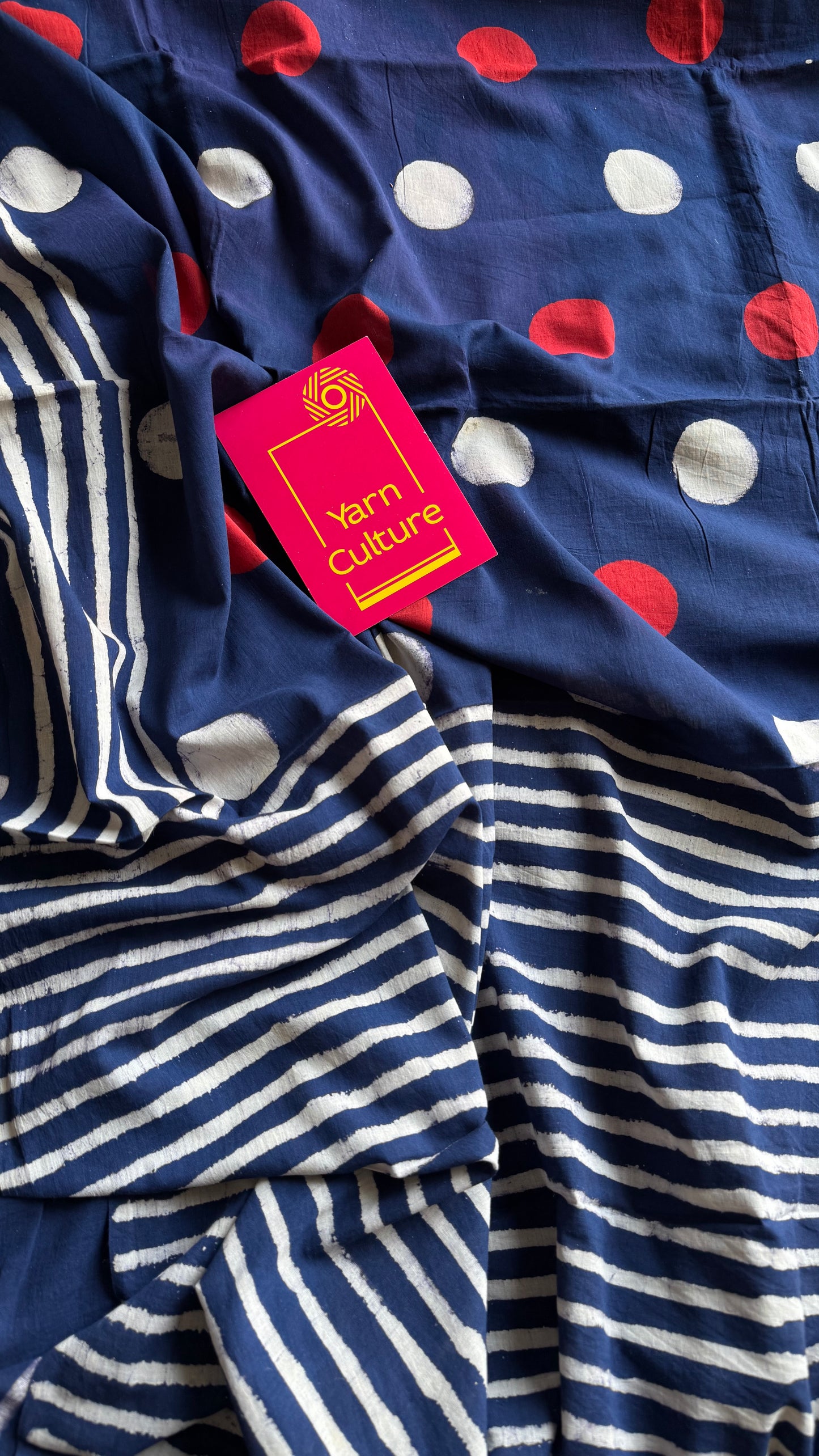 Indigo with red and white cirlce motifs, block printed soft cotton saree - YCTORCMA11