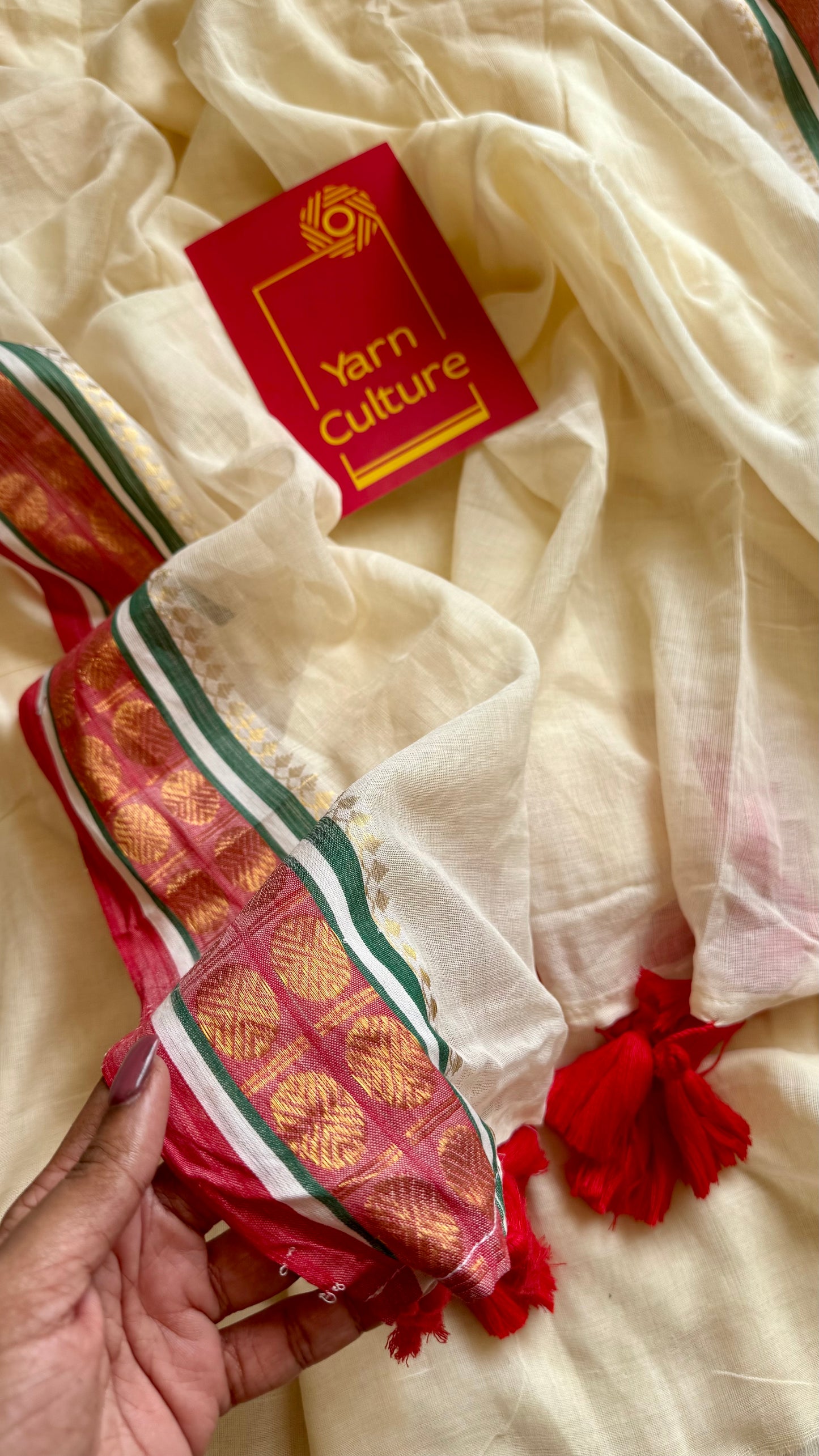 Ivory mul saree, muted red and green kanchi border  - YCIEON24