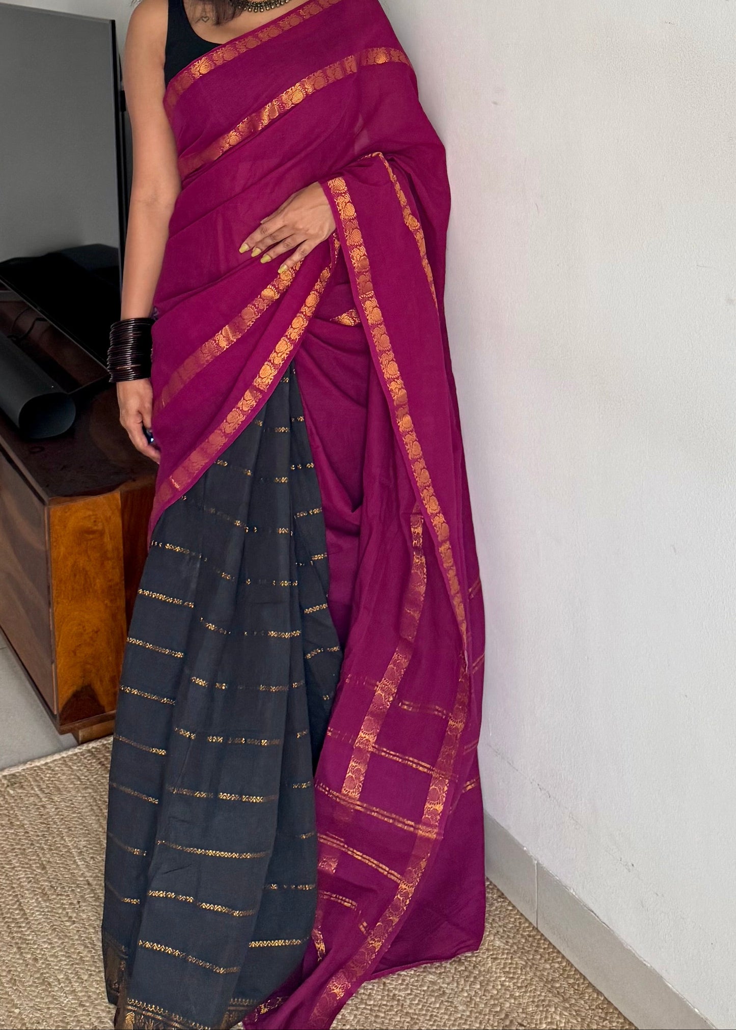 Purple pink (vadamalli) with black, sungudi cotton half-half saree - YCCOTNMSFE359