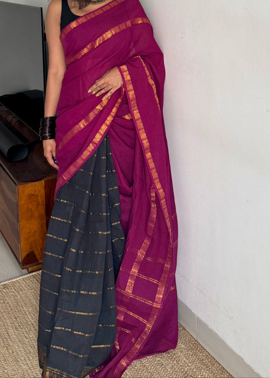 Purple pink (vadamalli) with black, sungudi cotton half-half saree - YCCOTNMSFE359