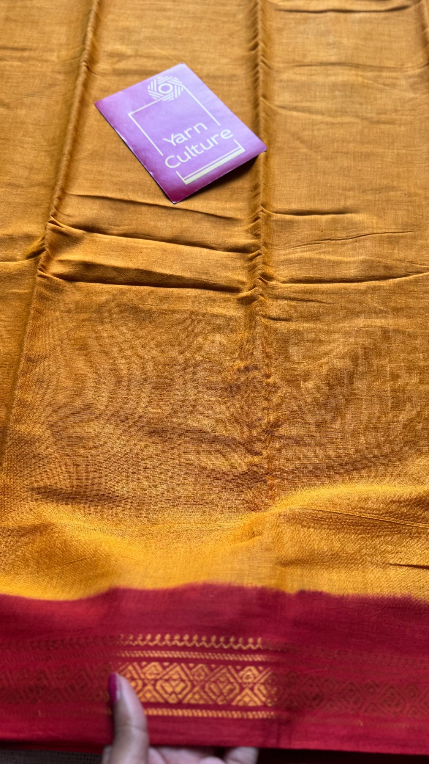 Yellow with red border sungudi, kattuchayam dyed, madurai cotton - YCCOTNSEMS100