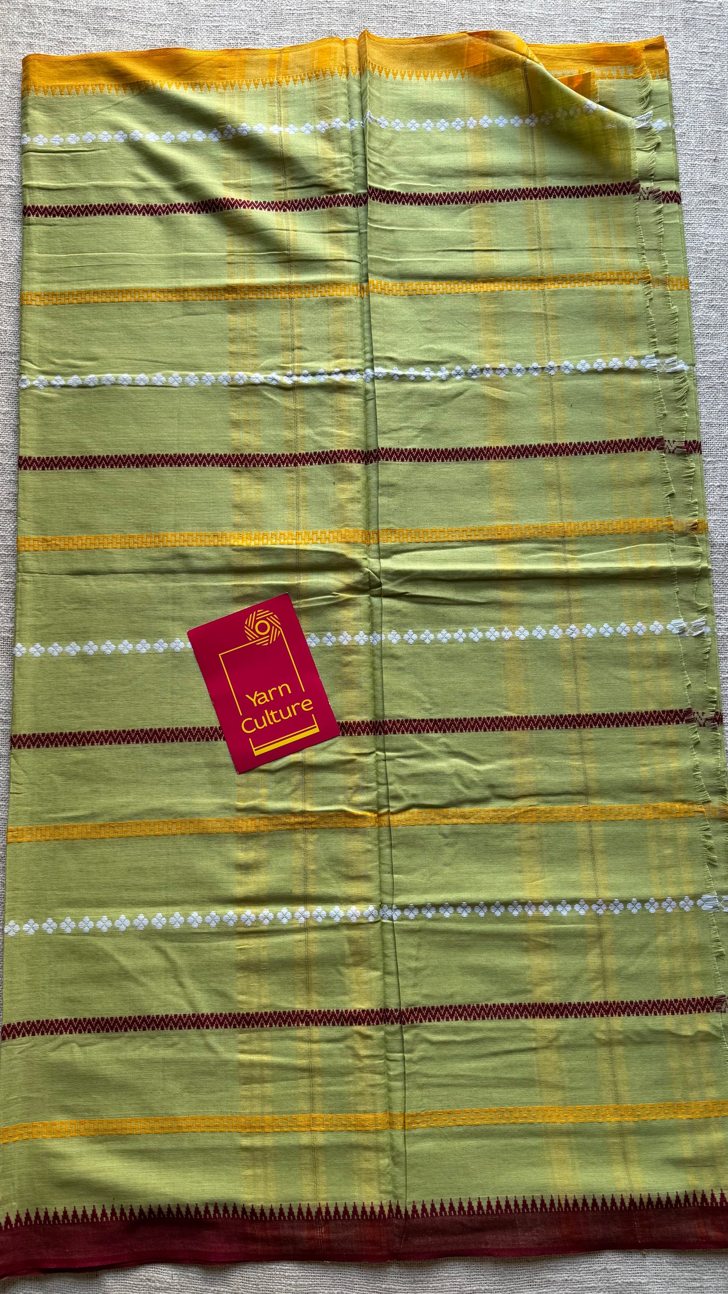 Dhonekhali handloom soft cotton saree, light green with maroon, yellow and white woven stripes - YCBCDFE264
