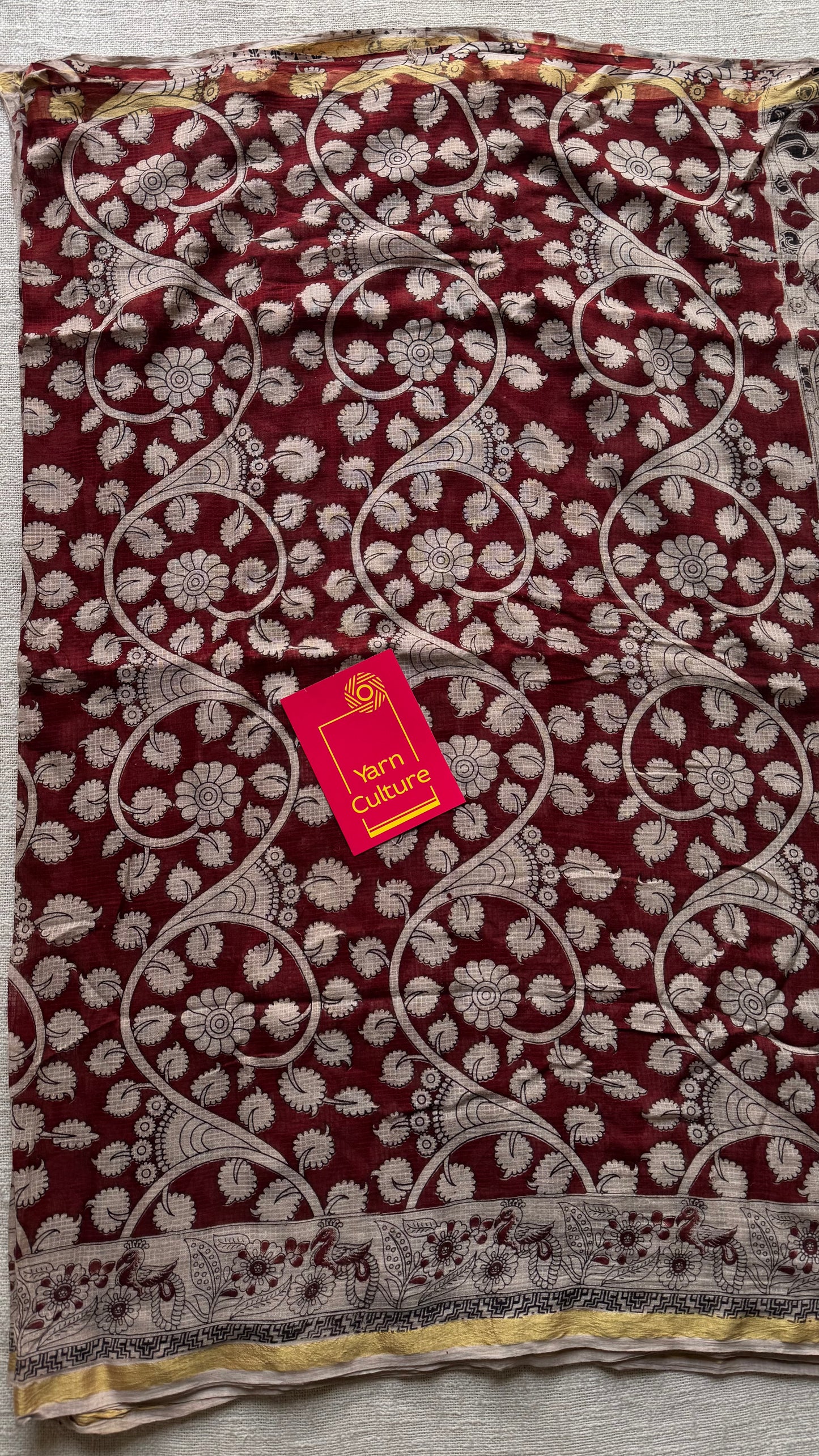 Red cream floral kalamkari saree in kota, with zari border - YCWOTDKKFE17