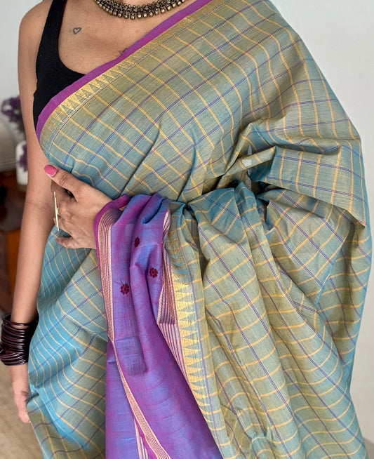 Grey and purple contrast, checkered Chettinad cotton saree - YCCOTNMA270