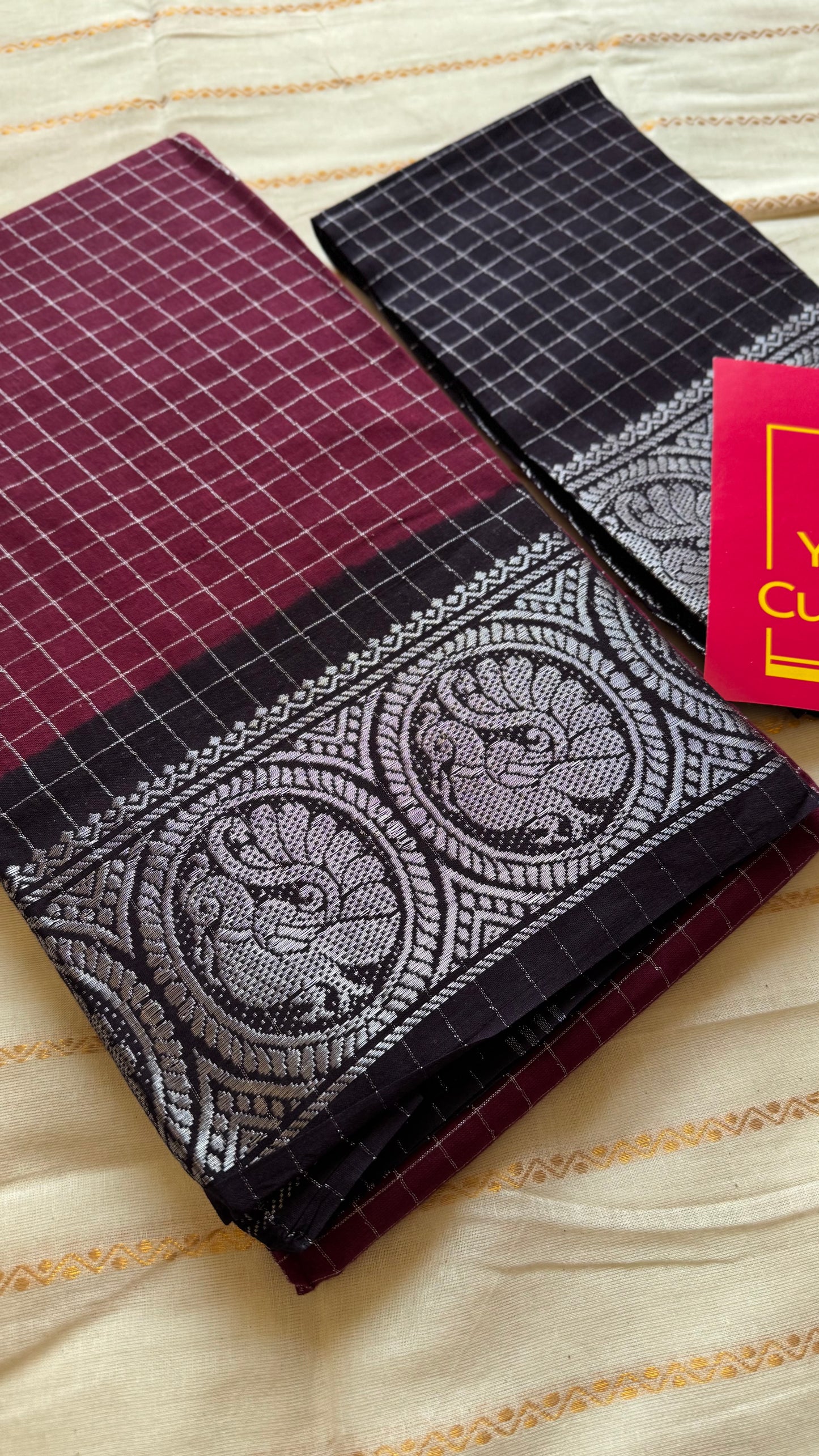 Dark wine with black, silver zari checkered sungudi, kattuchayam dyed madurai cotton - YCCOTNMSAP103