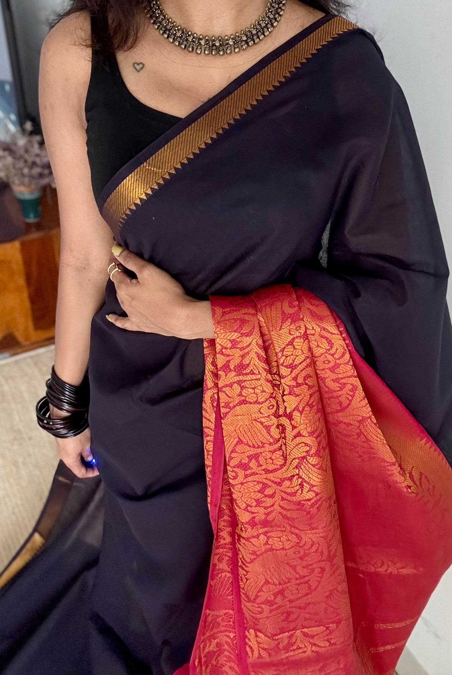 Black with red vanasringaram long border - madurai soft cotton - YCCOTNSEMS70